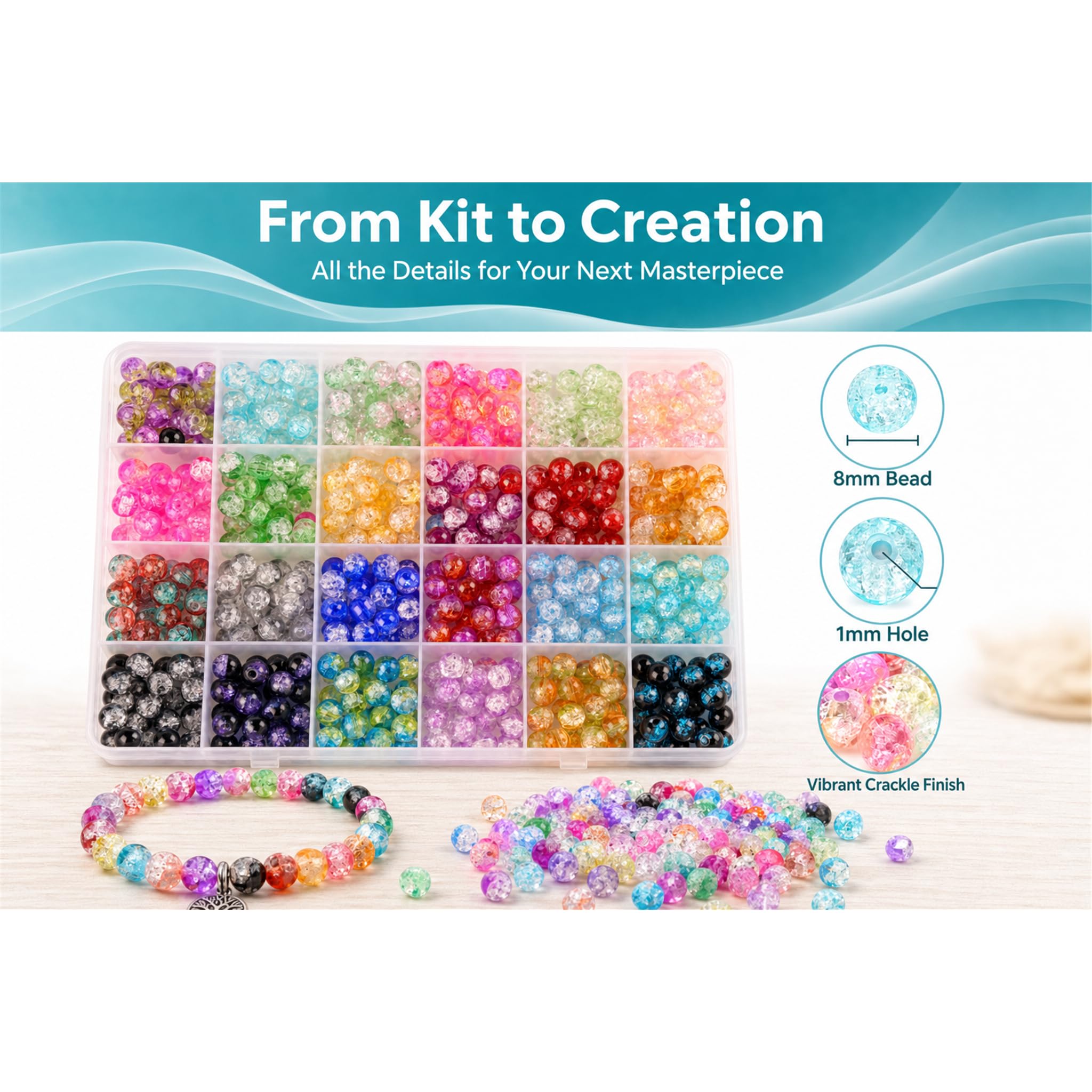 Qtuie 600pcs 8mm Glass Round Beads for DIY Jewelry Making, 24 Colors, Bohemian Handmade, Craft Bead 1