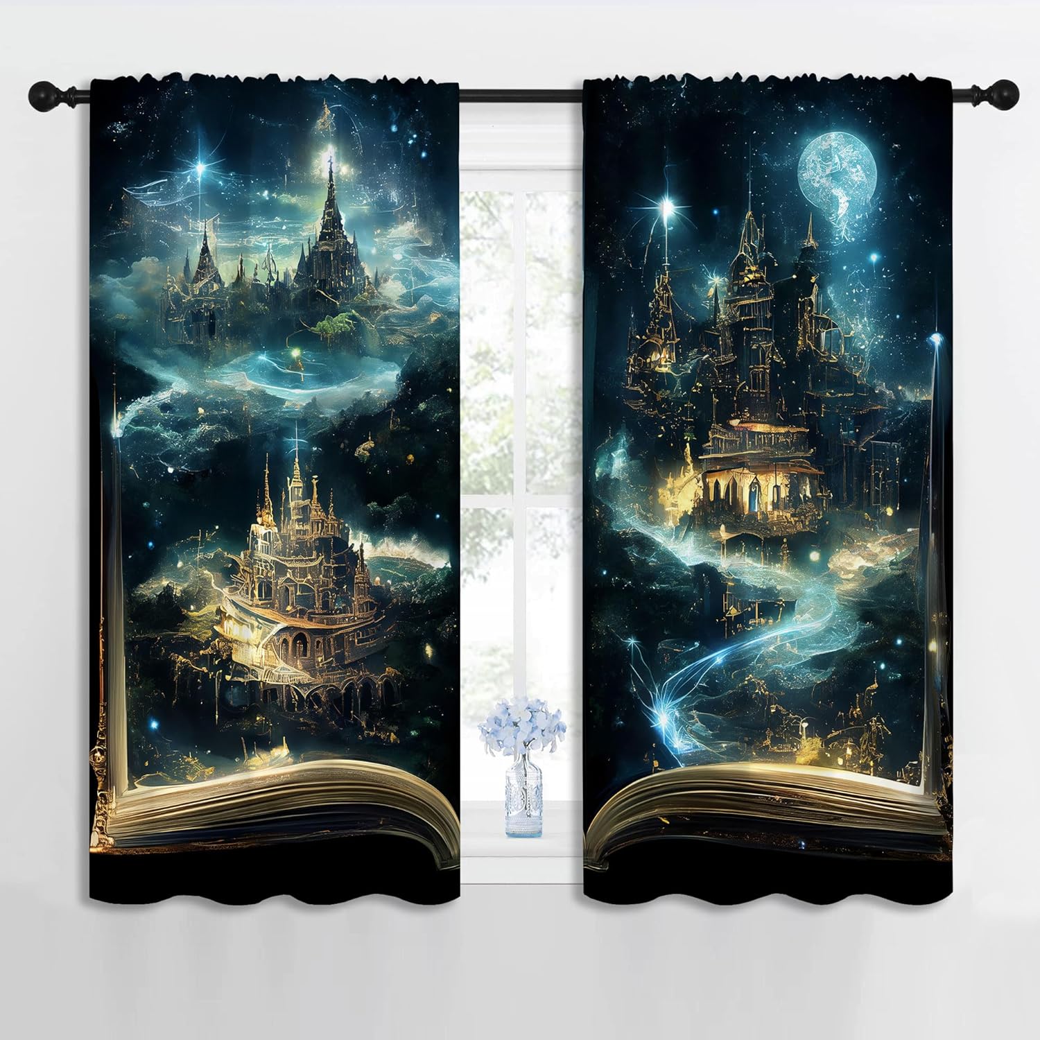 LHROOMJK Magic Book Blackout Curtains for Boys Girl Bedroom Decor,Psychedelic Castle Medieval Building Thermal Insulated Rod Pocket Drapes Darkening Window Curtain for Living Room Home 42x45 inch