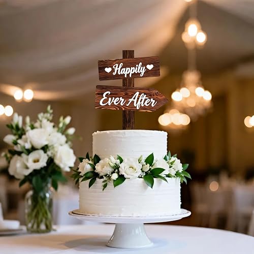 Happily Ever After Cake Topper, Rustic Wood Wedding Sign for