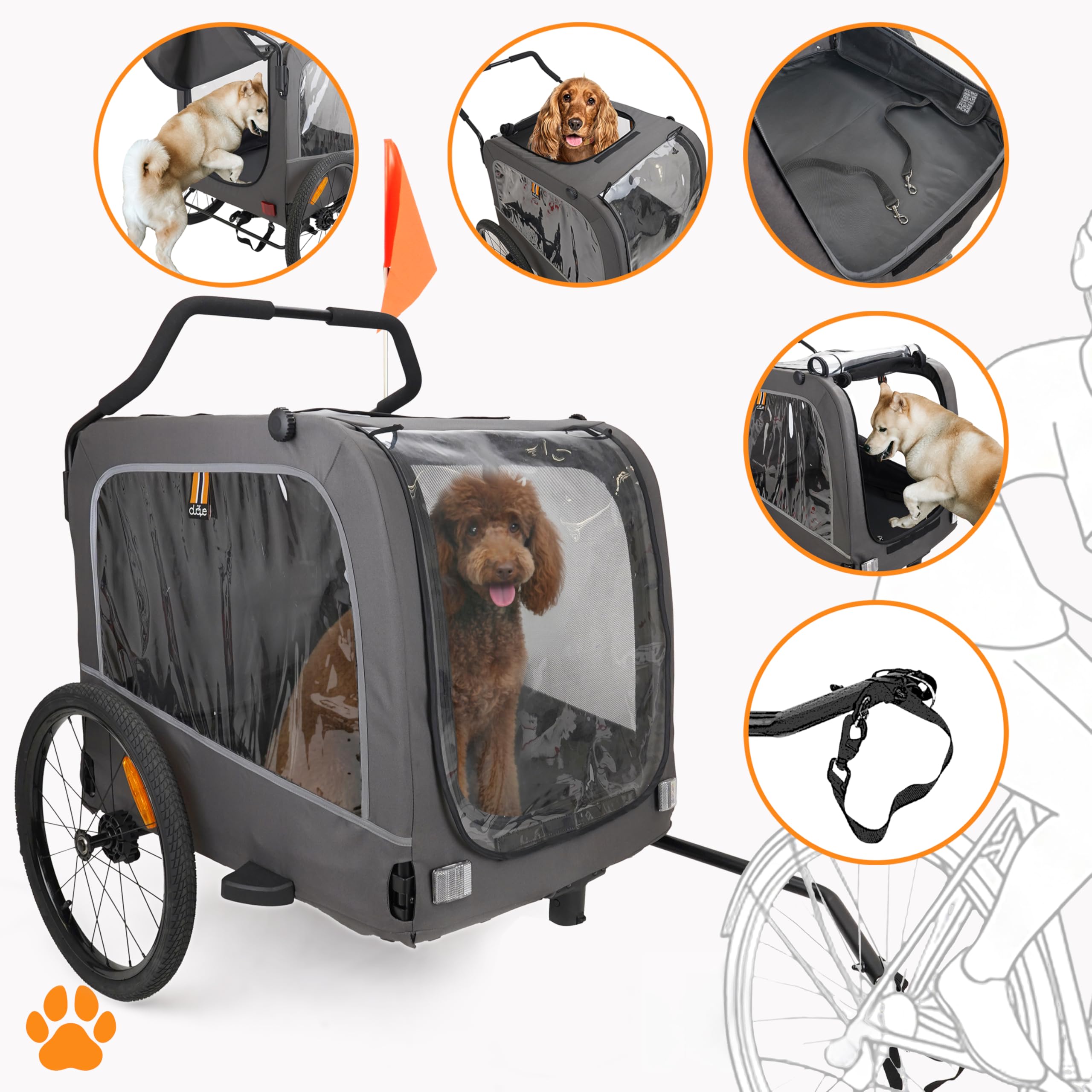 Carter - 3in1 Dog Pet Bicycle, Bike Transport Trailer, Pet & Shopping Stroller Pushchair, Jogger, Convenient Trolley, Easy Fold, Rain Screens Included, Max Load 50kg/110lb, Color Dark Grey