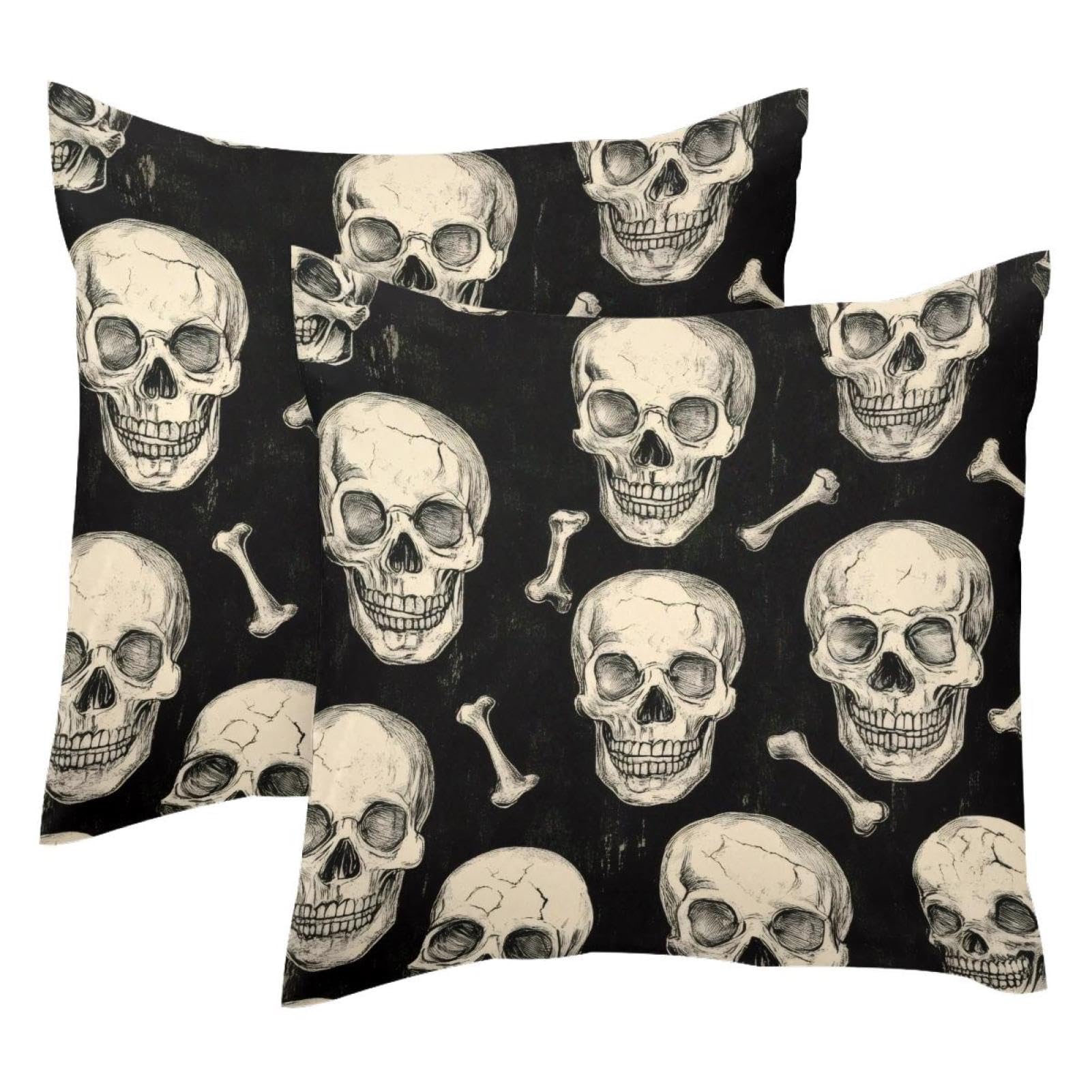 Housse de coussin velours 50x50 cm lot de 2 avec motif tête de mort pour décoration salon