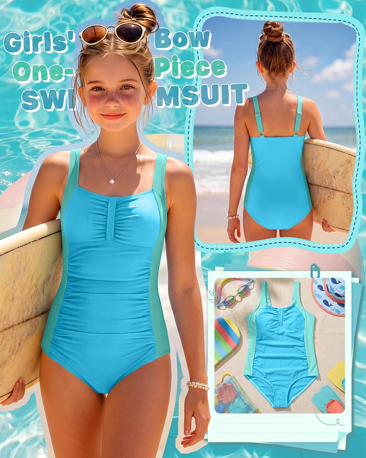 Xaatren Girls' Swimsuit One Piece Bathing Suit Teens Summer Ruched Cute Adjustable Straps Padded Swimwear 9-18 Years