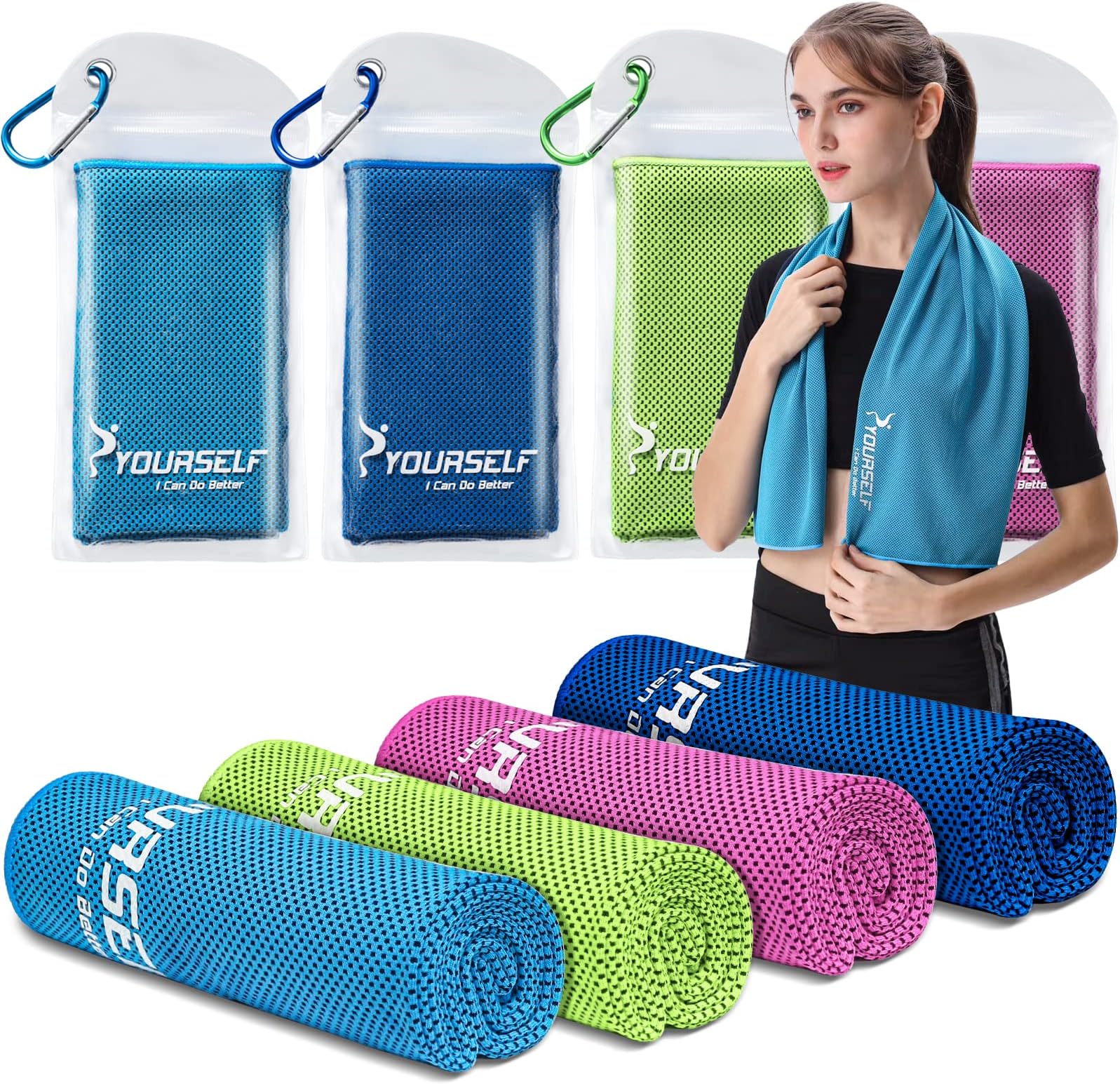 SYOURSELF Cooling Towels for Neck and Face, 4 Pack 40" x 12" Cooling Towel for Hot Weather, Soft Breathable Instant Cool Chilly Pad for Sports Golf Yoga Gym Athletes Camping Ice Towels
