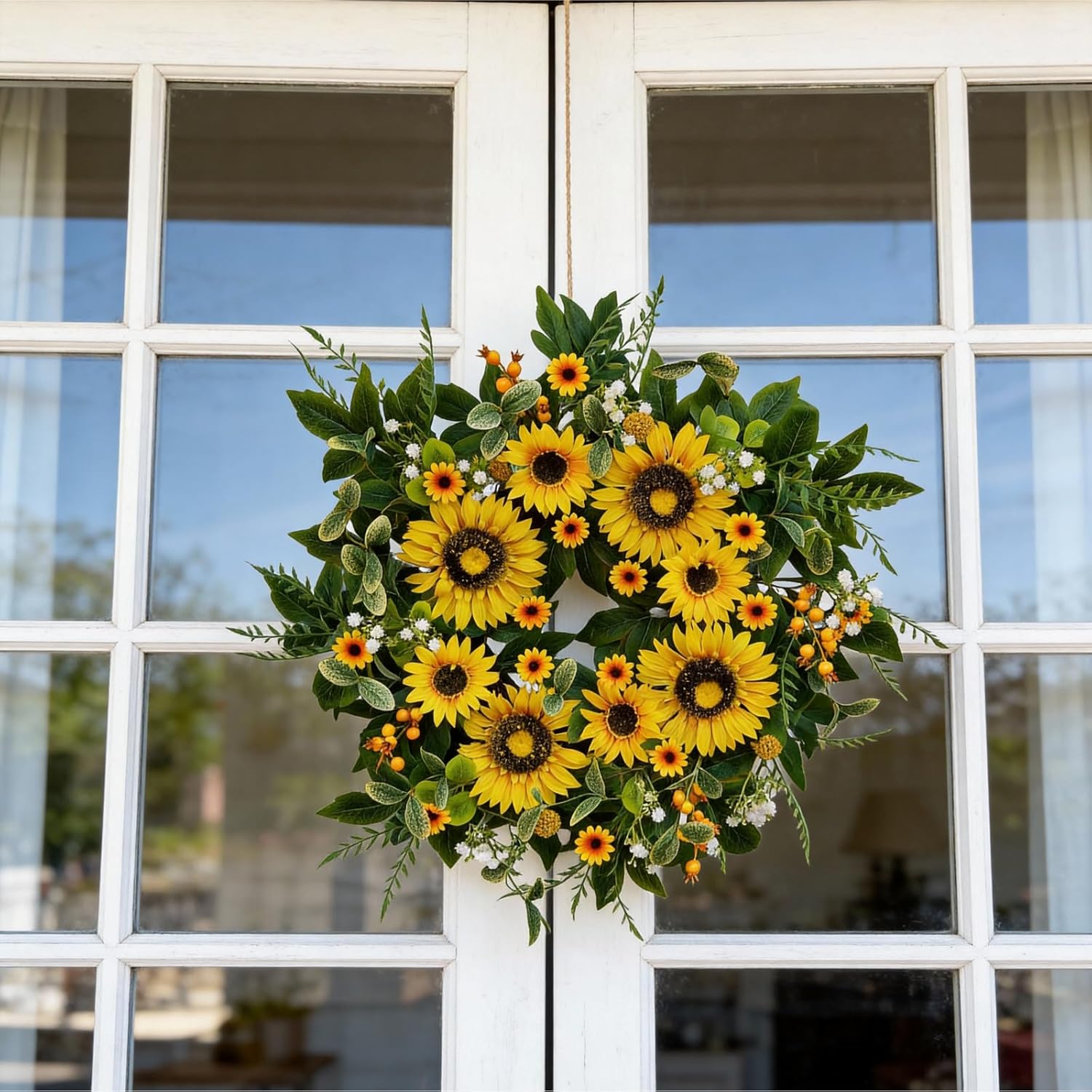 Sunflower Wreath for Front Door, 24–26 Inch Spring & Summer Wreath with Lifelike Sunflowers, Handmade Outdoor Wreath for Front Door, Spring Home Decor