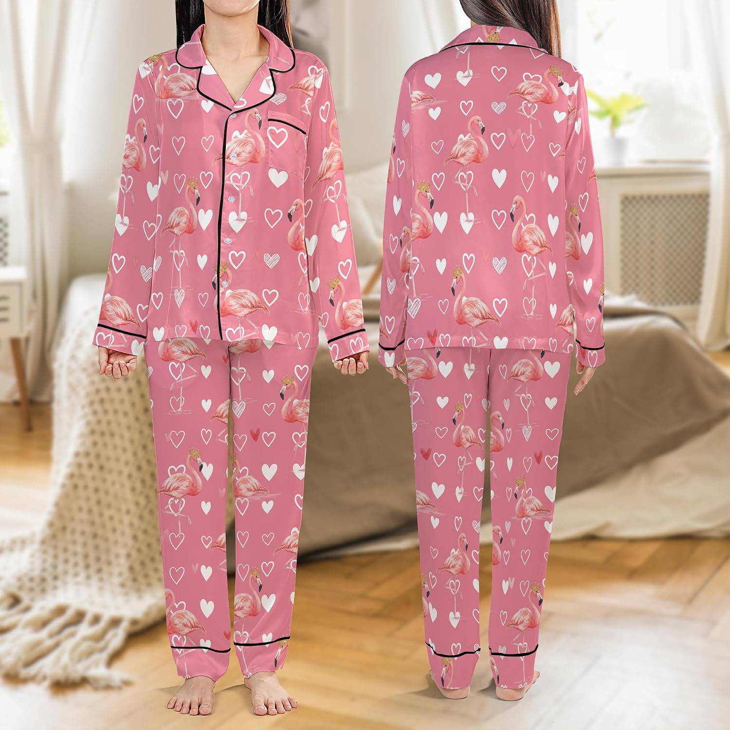 ThuhaTree Store Cute Flamingo Pajamas Set Short & Long, Flamingo Theme Pajamas Set Design For Lovers