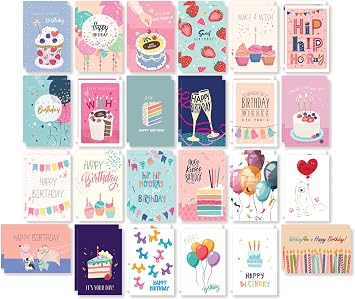 Better Office Products Happy Birthday Cards, 4 x 6 inch, 48 Pack, Different Unique Designs, Heavyweight Paper, Blank Inside, with Envelopes Fun & Festive