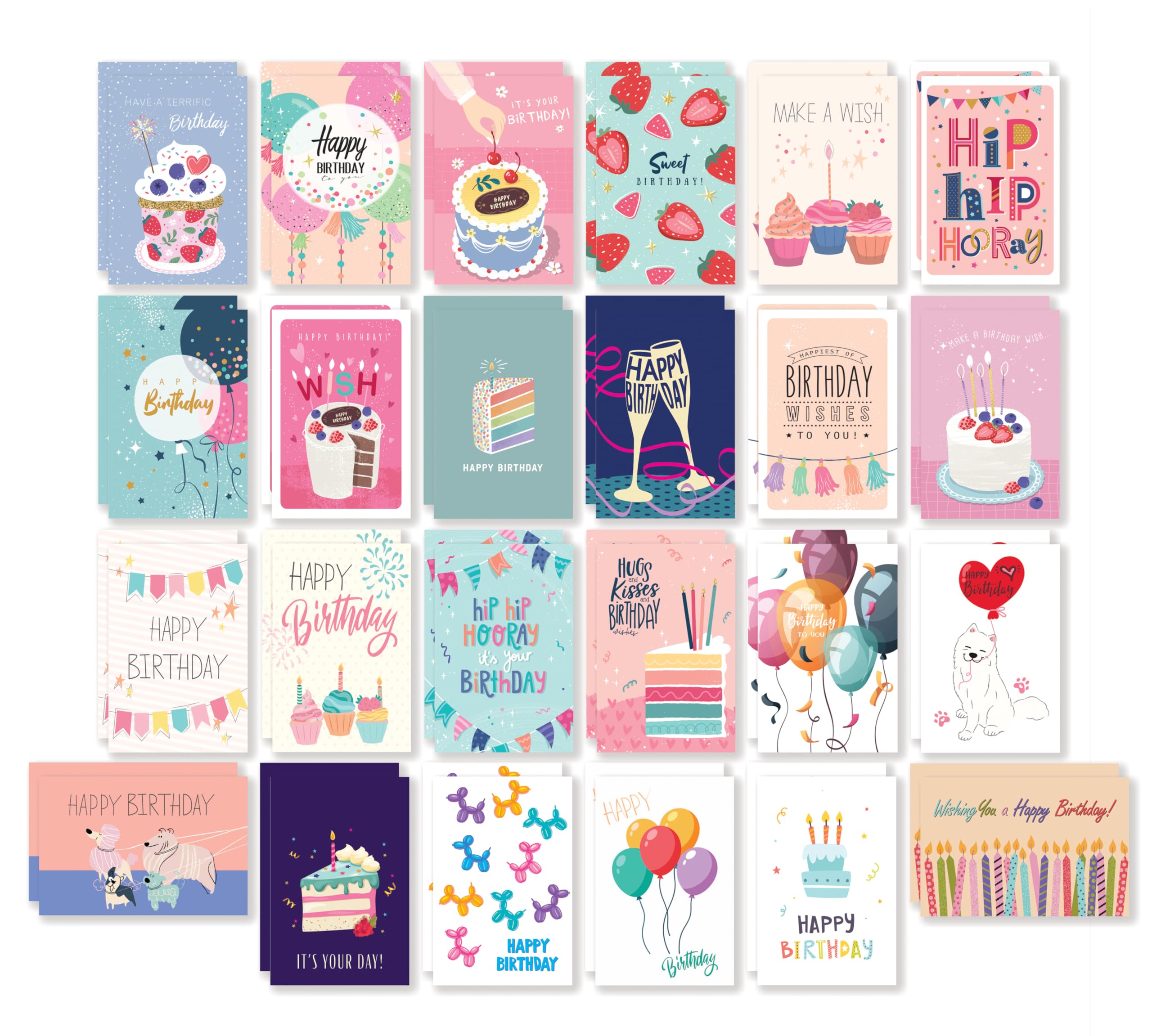 Better Office Products Happy Birthday Cards, 4 x 6 inch, 48 Pack, Different Unique Designs, Heavyweight Paper, Blank Inside, with Envelopes (Fun &