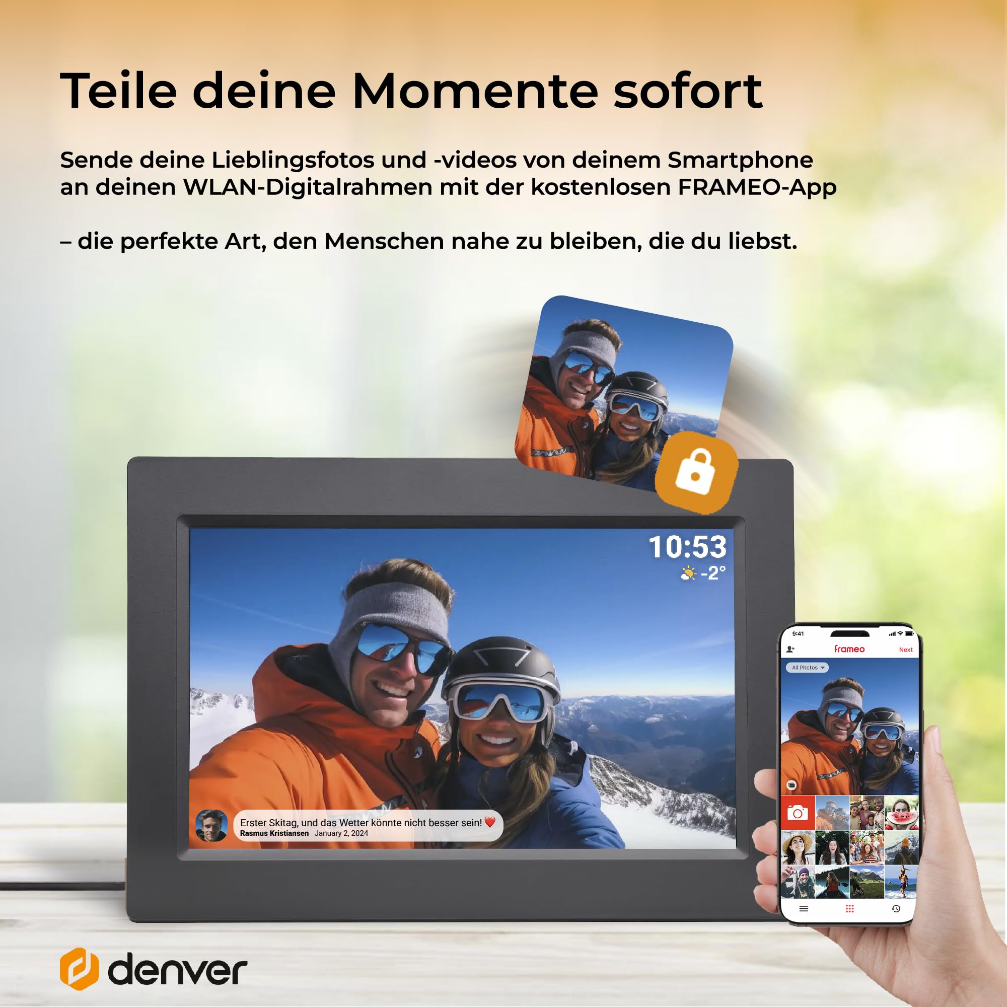 Denver Digitaler Bilderrahmen 10,1 Zoll mit WLAN – Frameo Digital Photo Frame mit Touchscreen & 16 GB Speicher – Elektrischer Fotorahmen mit App‑Steuerung - USB & microSD - Schwarz