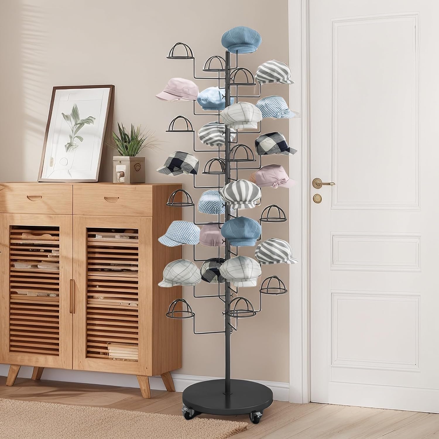Hat Rack Stand, Metal Hats Display Stand, Standing Hat Rack, Hat Tree Stand with 30 Circular Hooks, Ball Cap Storage Organizer Rack for Stores/Home(Black)