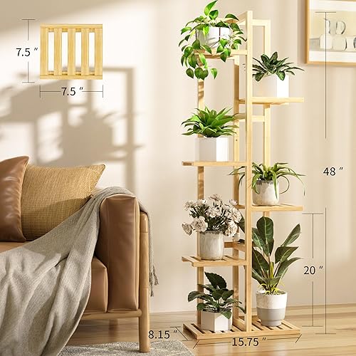 Miniatura 3 de Soporte de bambú de 6 niveles para plantas de interior, soporte alto de madera para flores, estante de esquina para múltiples plantas (natural)