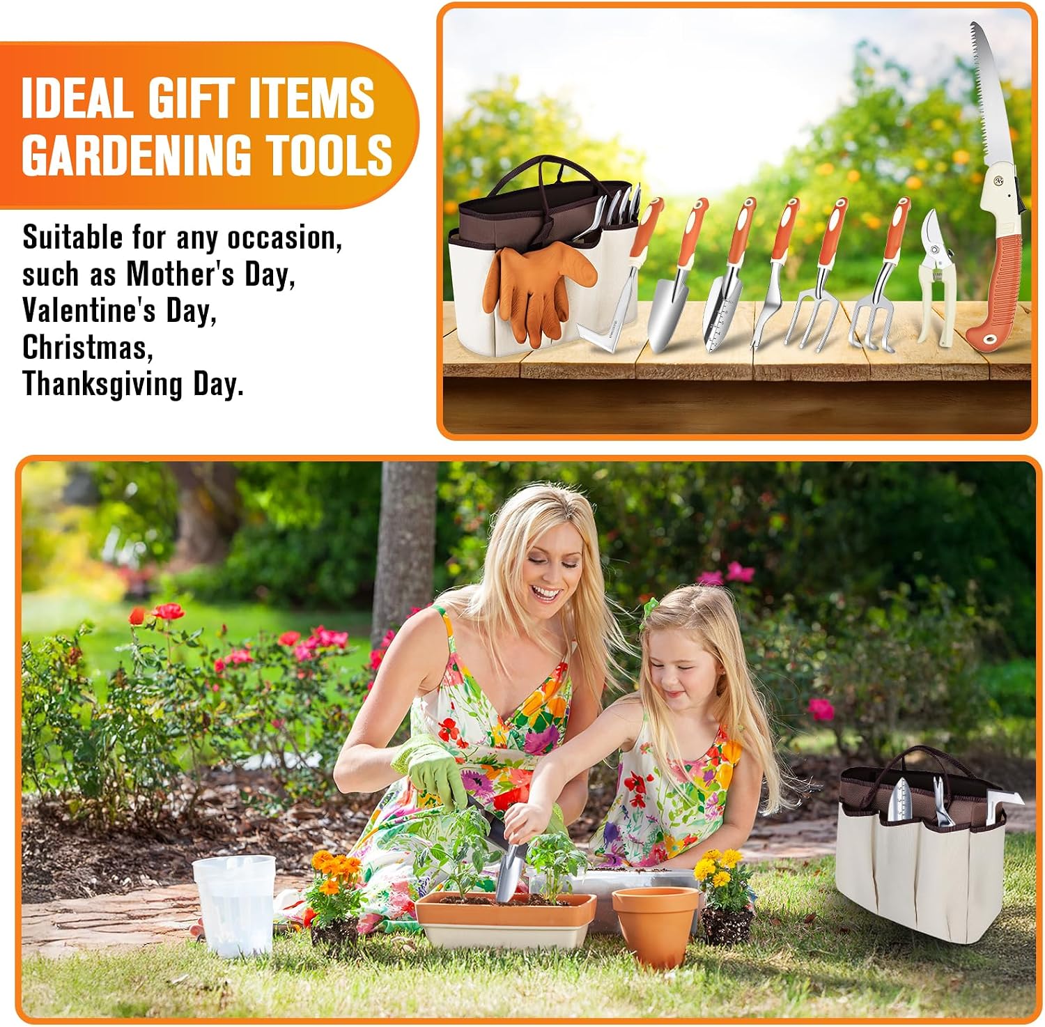 Garden Tool Set - 10 PCS Heavy Duty Stainless Steel Gardening Tools Set with Storage Bag, Gardening Kit Ideal Gardening Gifts for Women & Men, Indoor/Outdoor Use for Digging, Planting, Pruning
