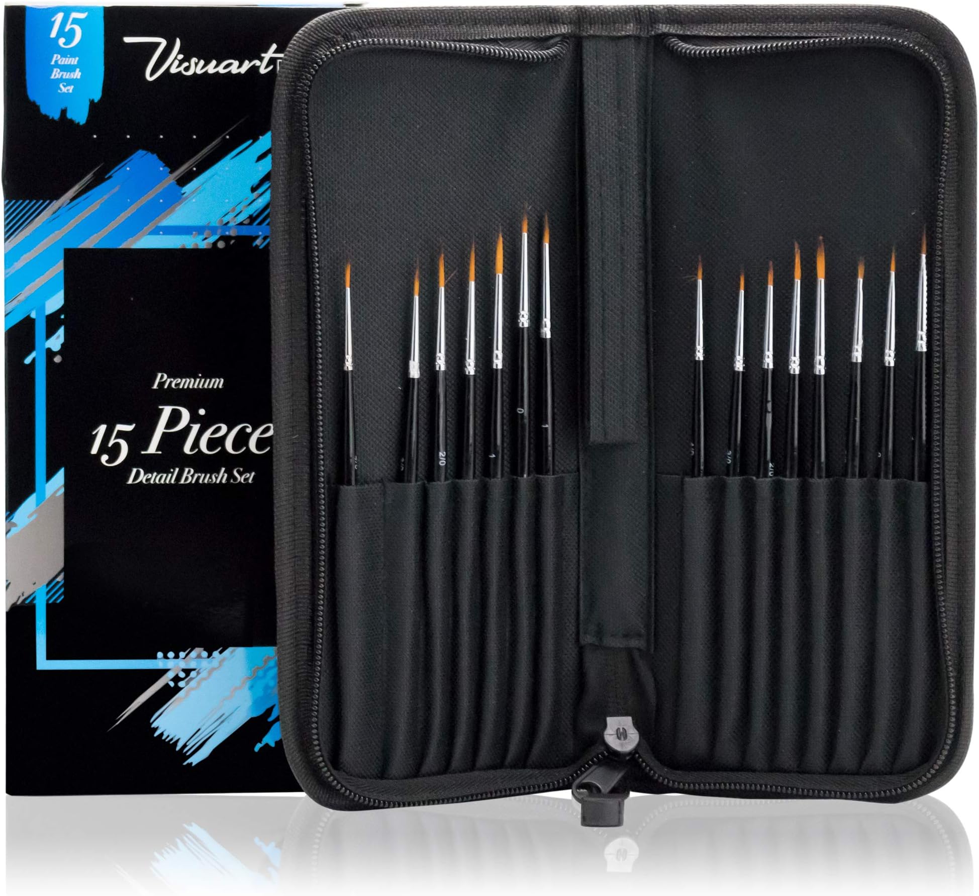 Precision Detail Paint Brush Set of 15 - Miniature Painting Kit Includes Zippered Case - for Acrylic, Watercolor, Oil - Instant Perfection for All Your Fine Detail and Miniature Painting Needs