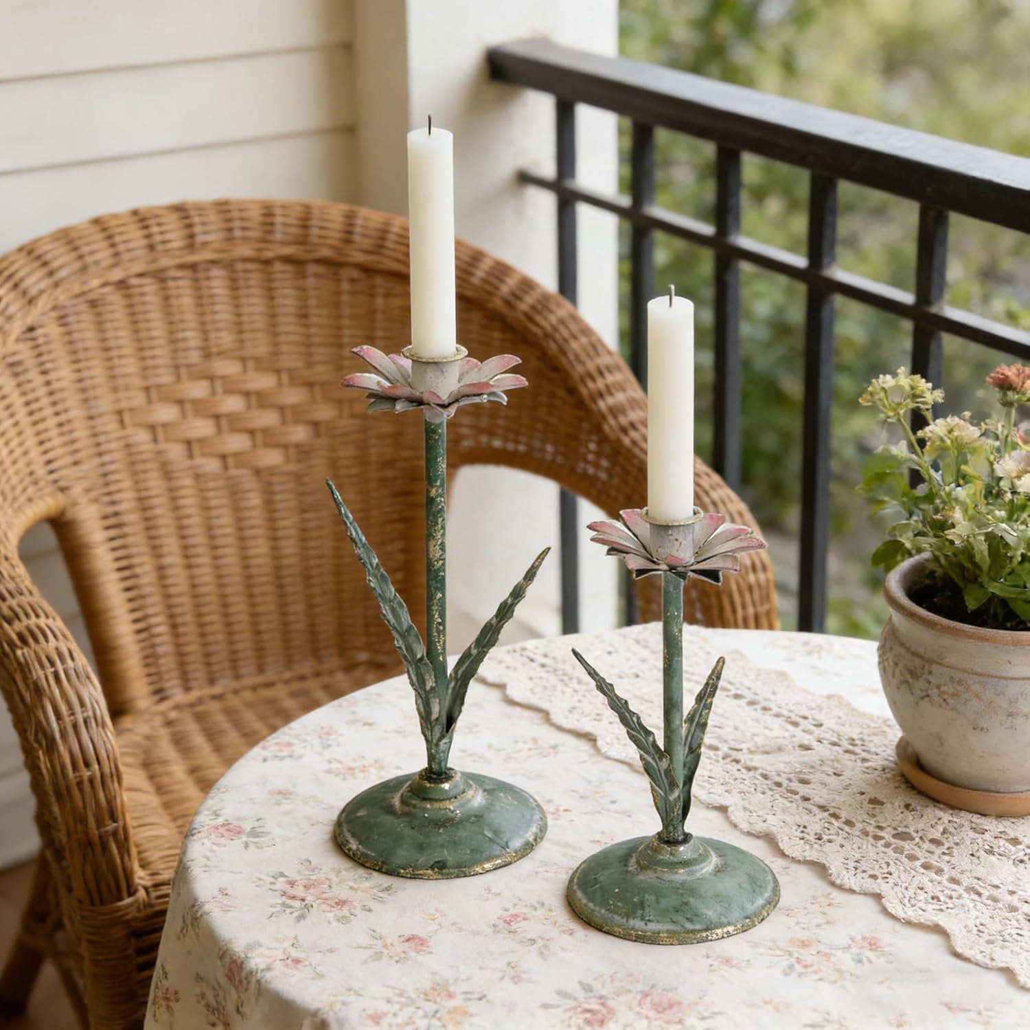 Vintage Lotus Flower Taper Candle Holders Set of 2, Distressed Green Metal Candlestick Stands with Pink Floral Design, Rustic Farmhouse Tabletop Centerpiece for Wedding, Dining & Home Decor