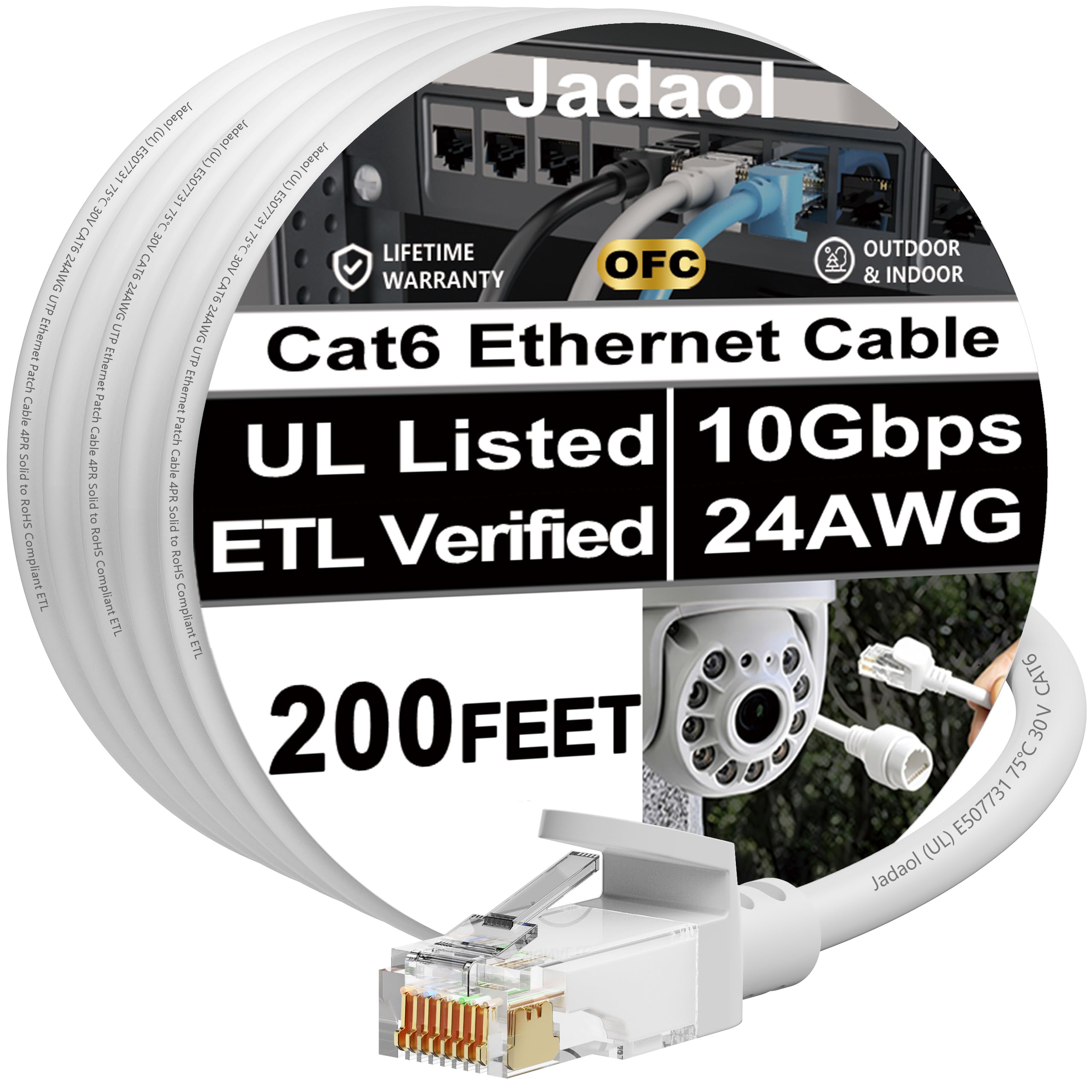 Jadaol Câble Ethernet Cat 6 de 200ft / 60,96 m, extérieur et intérieur, prend en charge le câble réseau LAN Cat8/7, 10 Gbit/s Cat6 UTP 24 AWG en cuivre pur RJ45 pour routeur, modem, commutateur, PoE