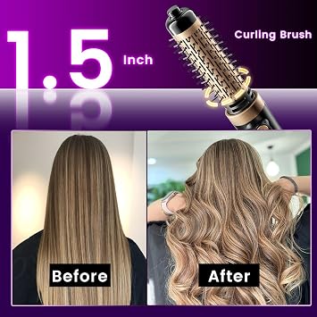 Rotating Hair Dryer Brush, 3-in-1 Hot Air Brush with 2 Brushes (1.5&2) for Drying Styling Volumizing Curling Sleeking in One Step, 3 Temperatures, Negative Ionic, Ceramic Coating