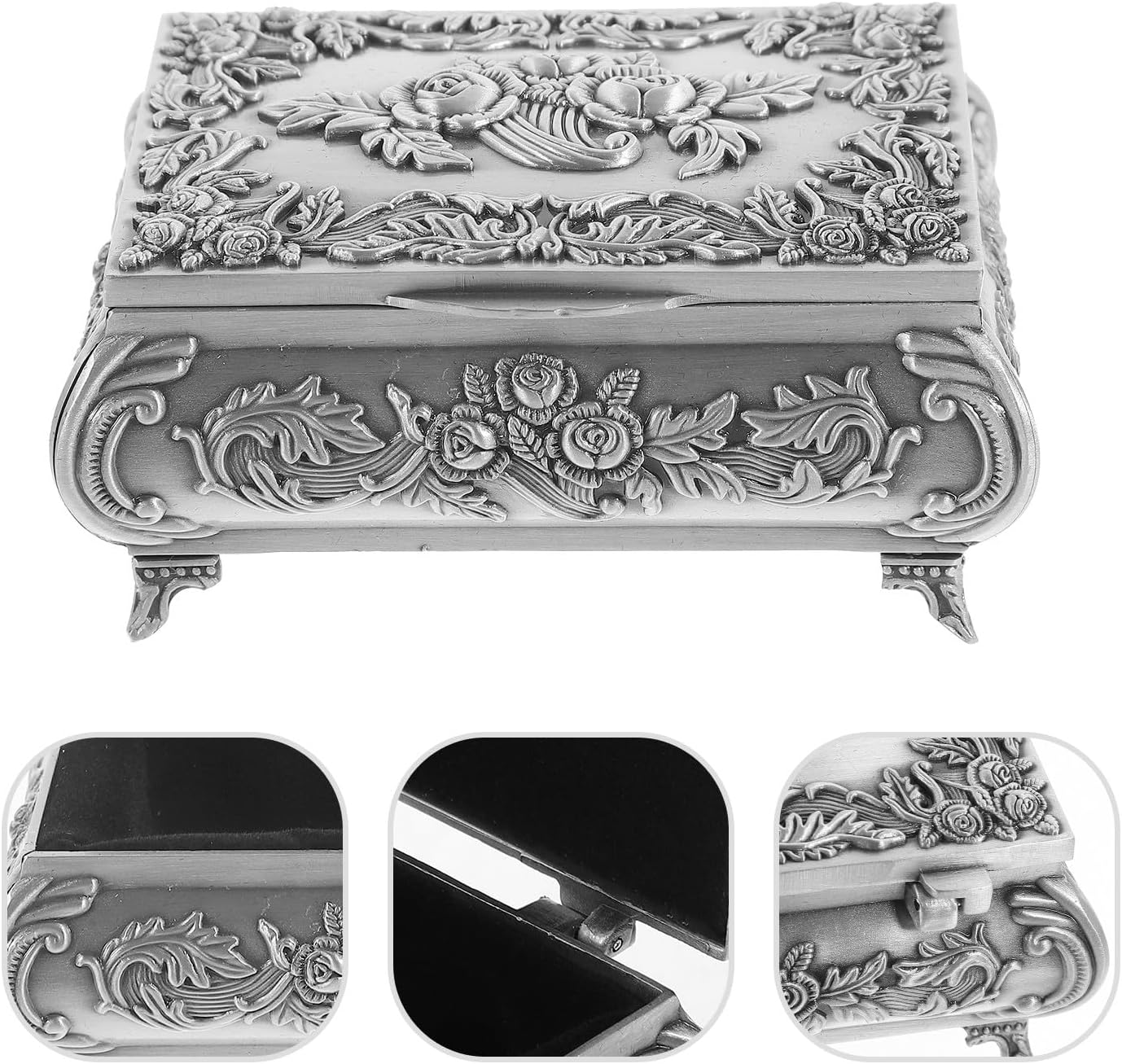 Vintage Rose Relief Jewelry Box Zinc Alloy Retro Trinket Organizer with Footed Base European Style Jewelry Storage Case for Rings and Earrings