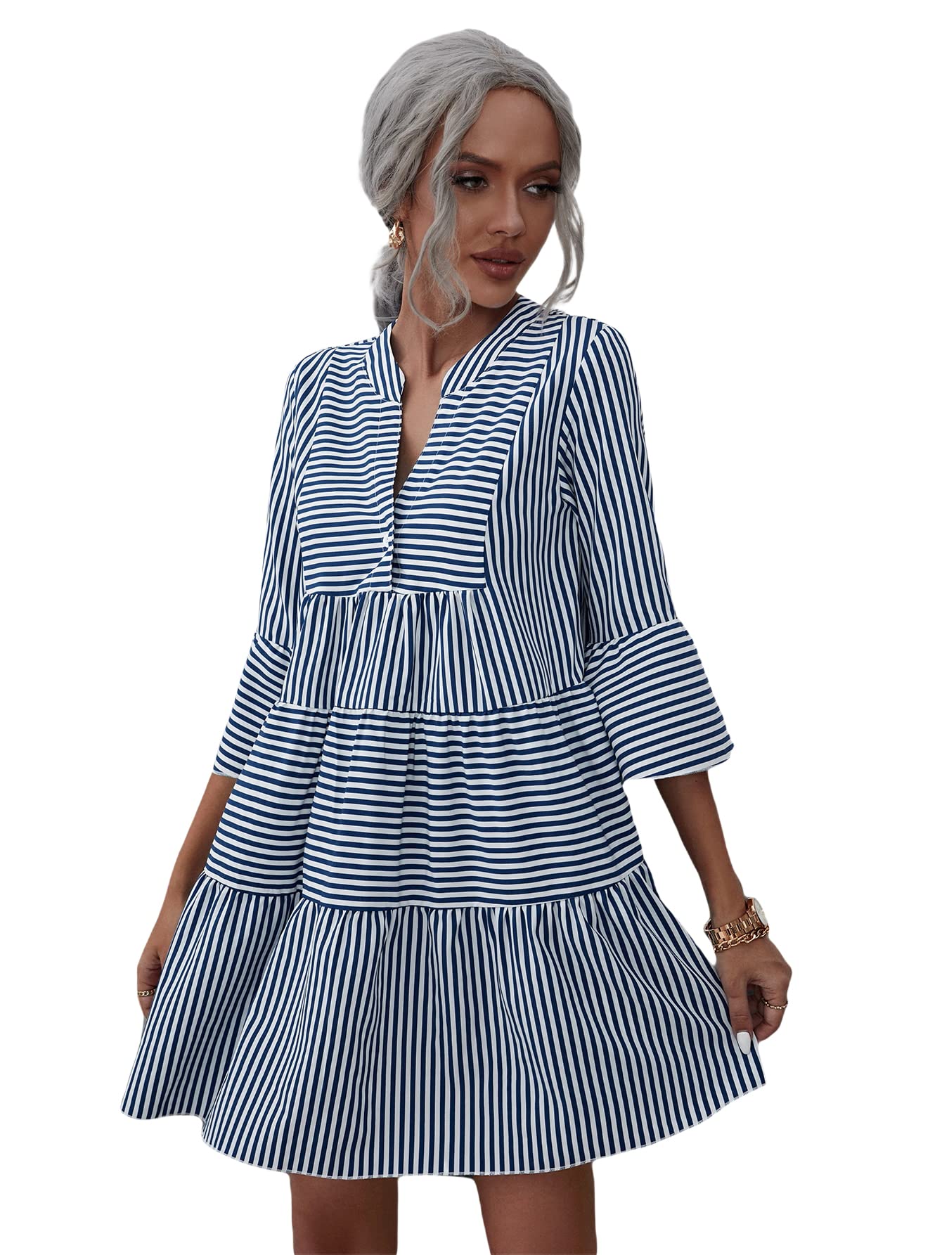 Women's Striped Print Button Front Notched V Neck Swing Shift Dress