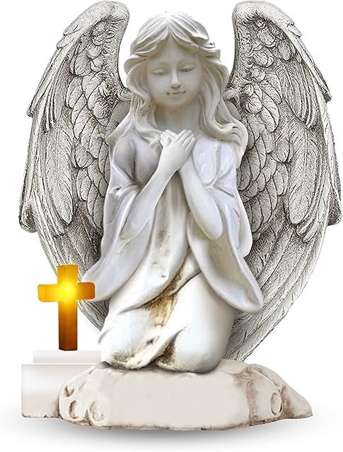 Praying Angel Watching Solar Sculpture with Candle Decorative Light Garden Waterproof Figurine Decor for Patio, Lawn, Yard, Housewarming Ornament Present