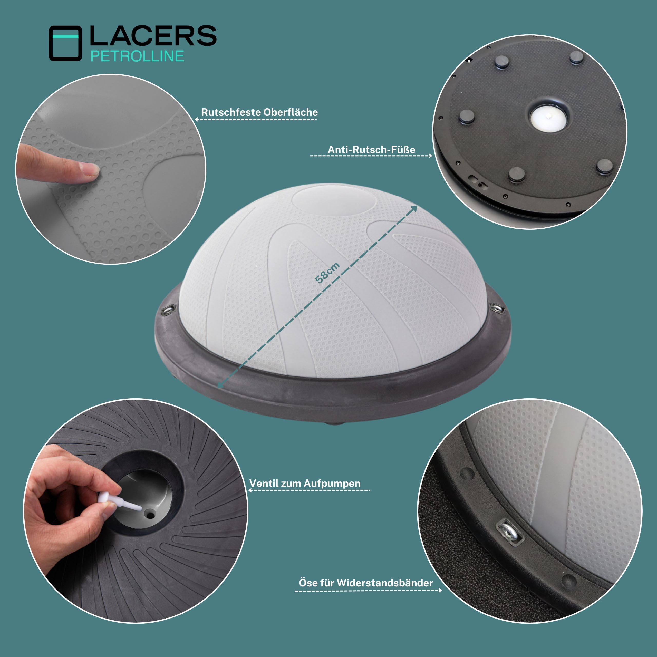 Lacers Petrolline Balance Halbkugel mit Widerstandsbändern und Pumpe - Balanceboard/rutschfester Balloberfläche/Gymnastikball für Yoga, Fitness, Krafttraining & Gleichgewichtstraining