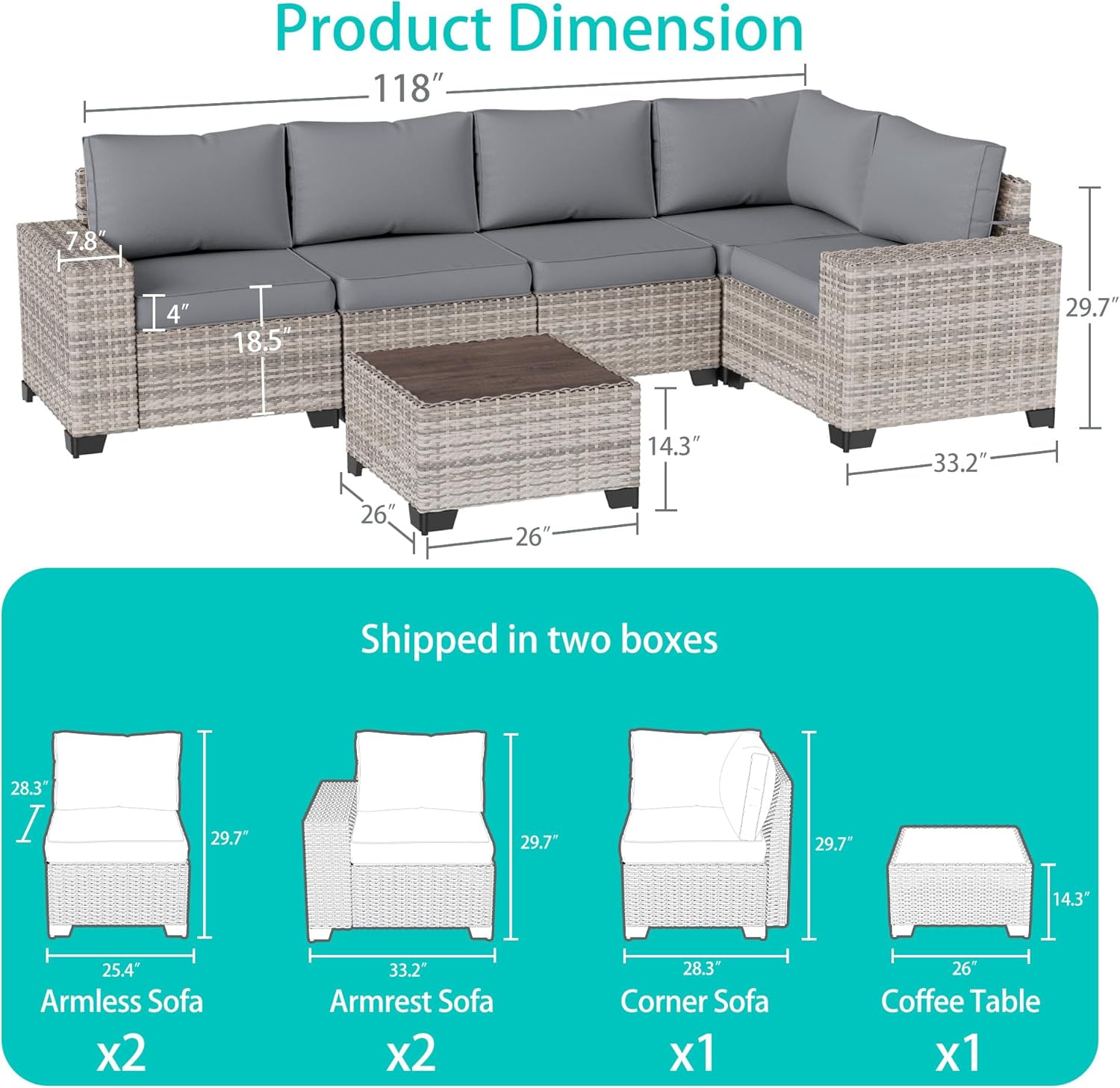 6-Piece Outdoor Patio Furniture Set Wicker Sectional Sofa Set, Patio Conversation Set with Thickened Cushions & Coffee Table for Garden, Backyard, Poolside, Grey