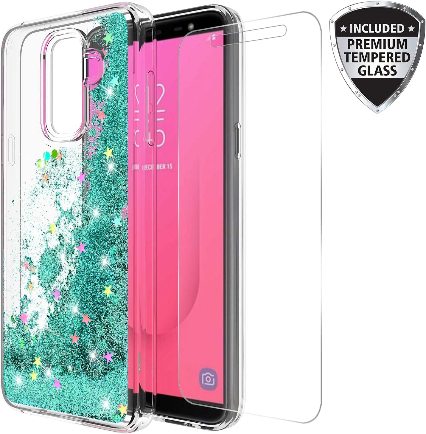 Samsung Galaxy J8 Case with Tempered Glass Screen Protector, Torryka Sparkly Shiny Glitter Bling Luxury Fashion Liquid Quicksand Soft Clear TPU Bumper Cover for Samsung Galaxy J8 (Teal)