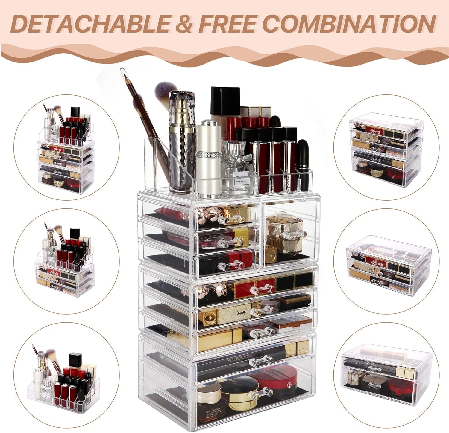 Cosmetic Storage Organizer, Makeup Organizer Case, ROSELIFE [TGCA] 4 Pieces Kit Jewelry Display, 9 Drawers, 16 Slots, Detachable, Free Combination, Beautiful Gifts for Girls and Ladies, Clear : Everything Else