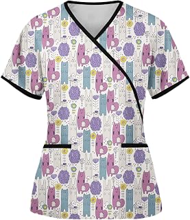 Nurse Uniforms for Women Summer Wrap V Neck Tie Side Scrub_Tops Plus Size Short Sleeve Workwear Shirts with Pockets