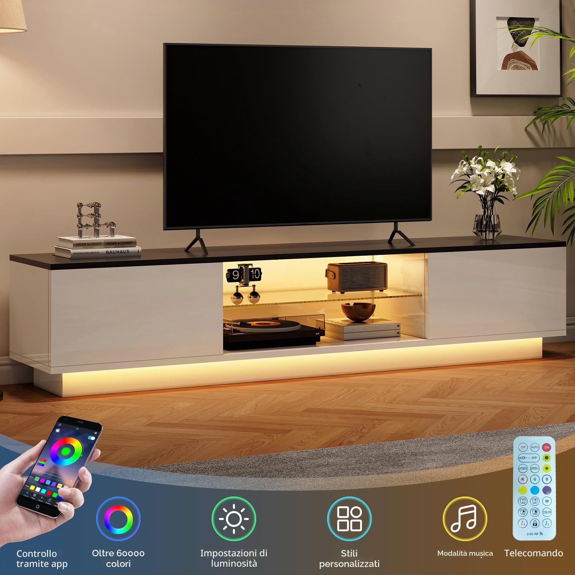 Mobile TV 160 cm, Mobile Tele con luci LED, Panca TV Bianco con Spazio di Conservazione, per TV fino a 65 pollici, Design moderno, Armadio-TV per Soggiorno, Camera da letto (Bianco-160 cm)