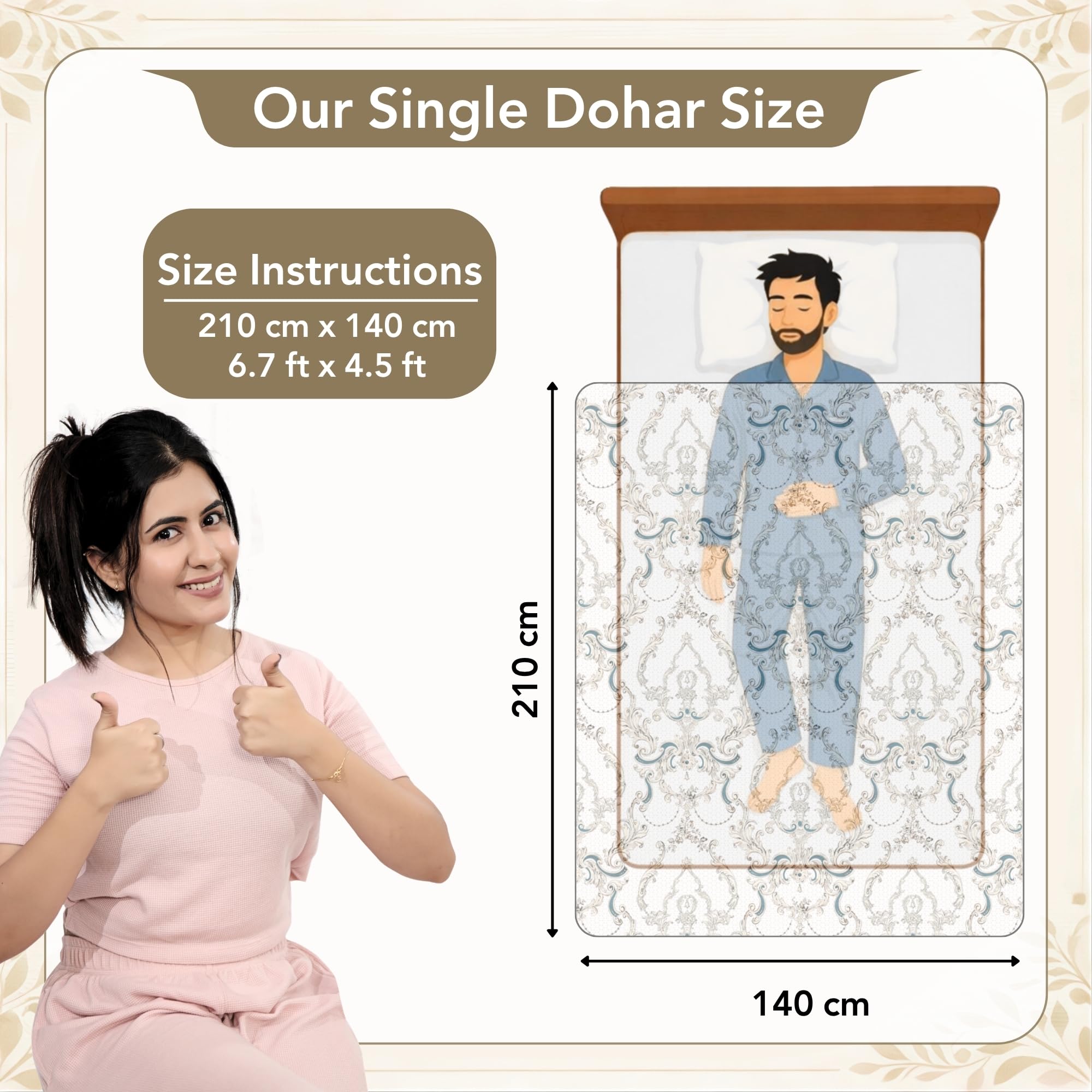 Divine Casa Kalamkari - Manta reversible Dohar de microfibra de 120 g/m², ligera, para cama individual, para todas las estaciones, tamaño 140 x 210 cm, tabaco seco de color
