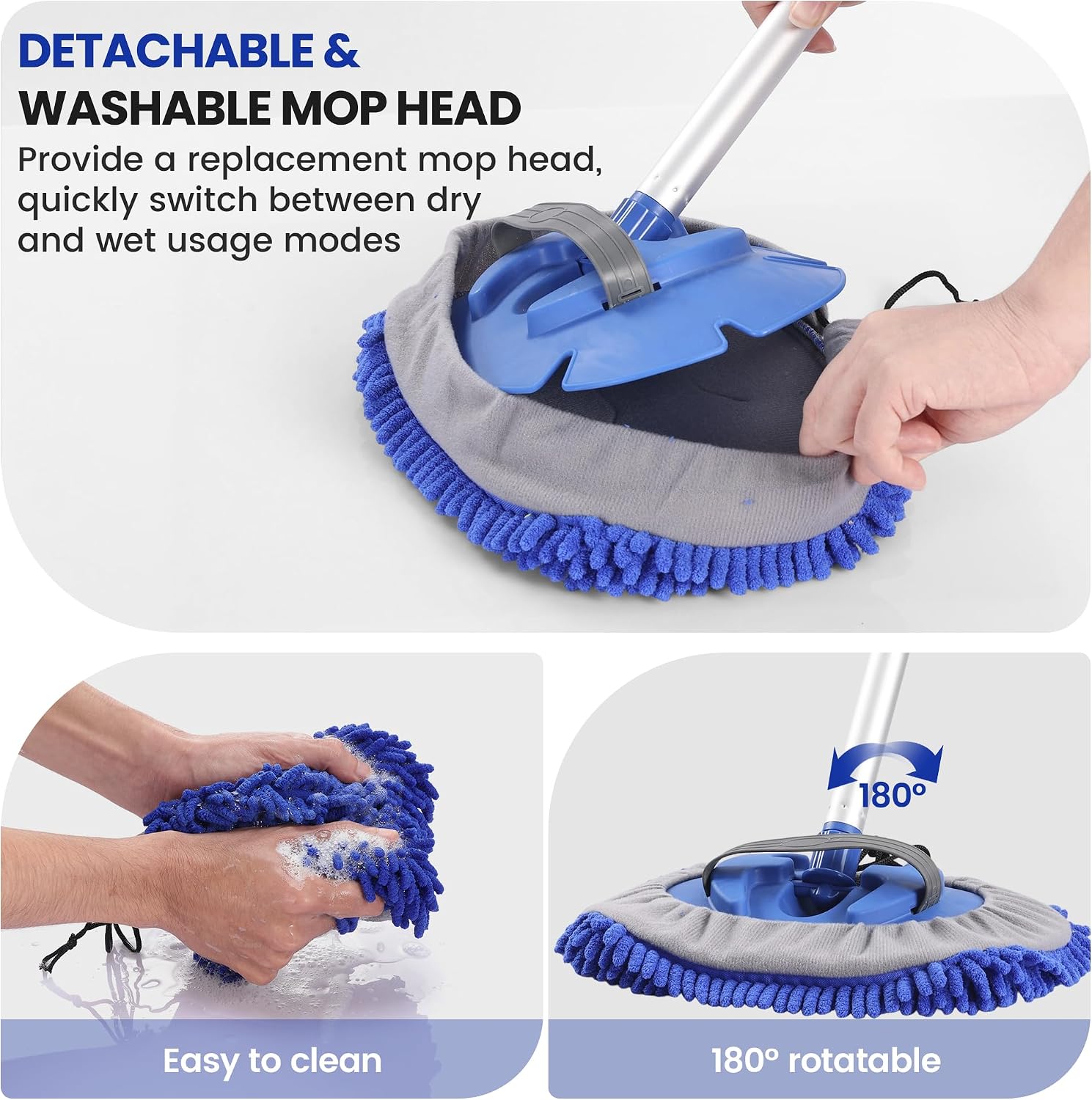 Car Wash Brush with Long Handle, 60'' Car Wash Mop, 7Pcs Chenille Microfiber Cars Washing Kit with Window Squeegee/Microfiber Towels /Wheel Brush for Cars RV Truck Boat Floor Window, Blue