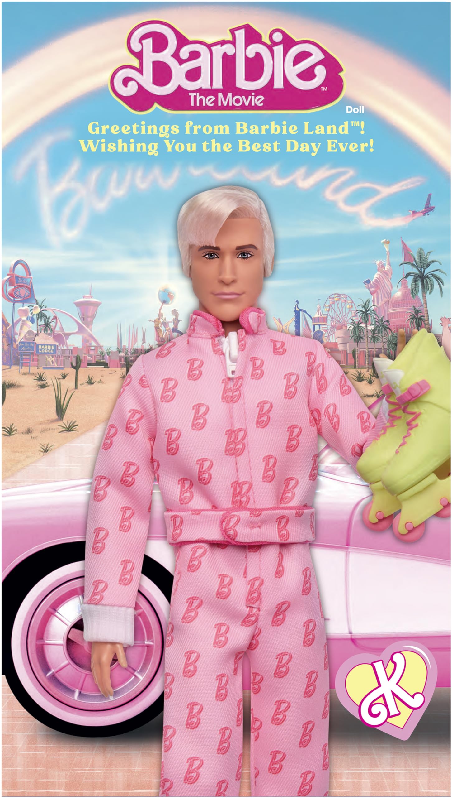 Barbie Lalka z filmu Barbie, Ryan Gosling jako Ken | Lalka modowa w różowym kombinezonie z detalem „B”, białe sneakersy i wielokolorowe wrotki, wiek 3+, JCP80