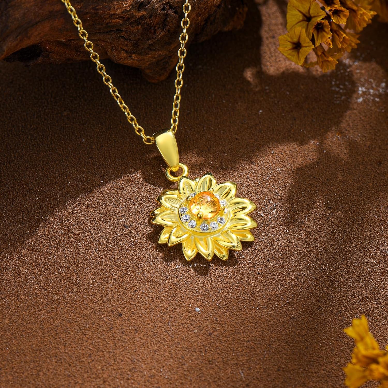 Dainty Genuine Amber Sunflower 18K Gold Plated Pendant Necklace 925 Sterling Silver vintage Natural Gemstone Jewelry for Women Sunflower Lover - Image 5