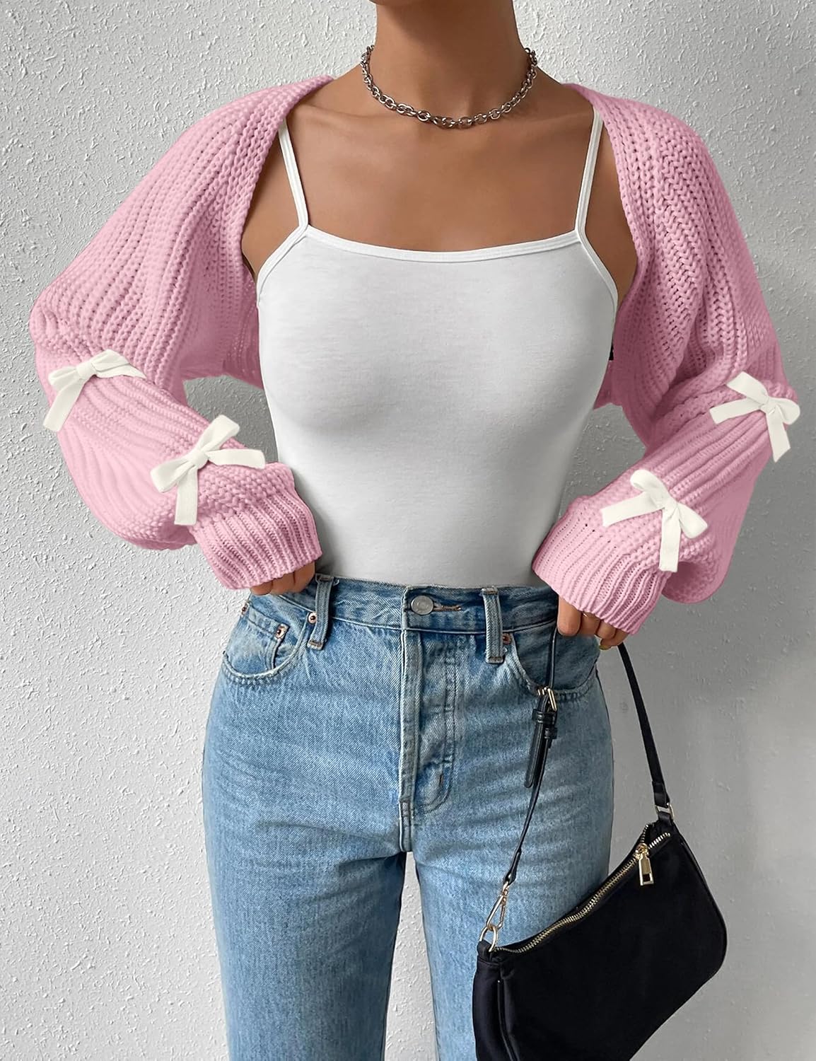 Women's Long Sleeve Open Front Knitted Crop Bow Cardigan Drop Shoulder Knit Bolero Shrug Sweater