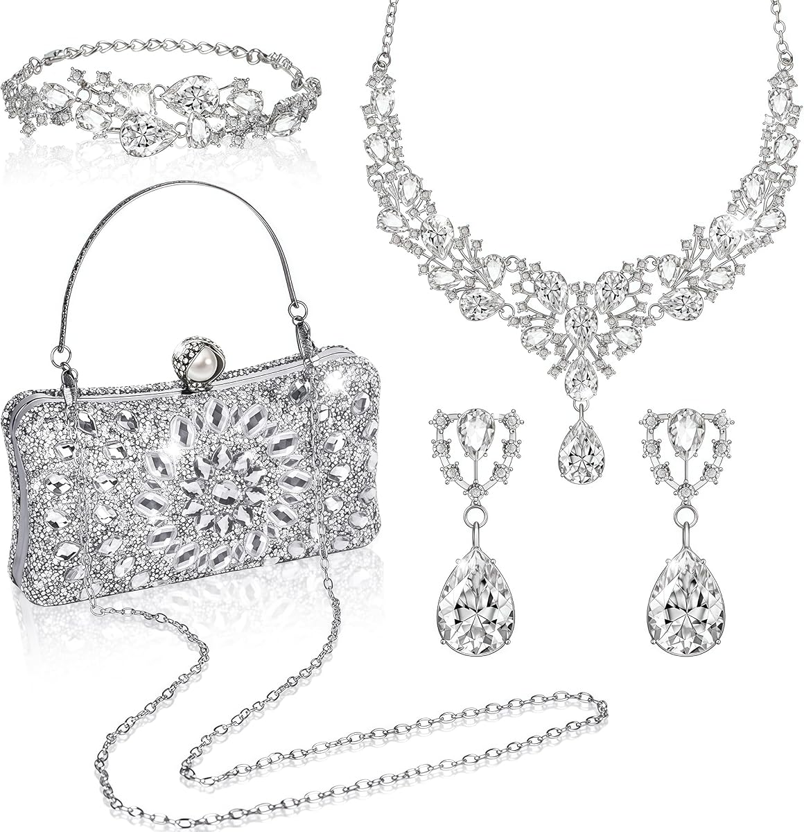 4 Pcs Rhinestone Clutch Purse for Women Rhinestone Evening Handbag Necklace Earrings Bracelet Jewelry Sets for Wedding Bridal Bridesmaid Gifts Anniversary Accessories