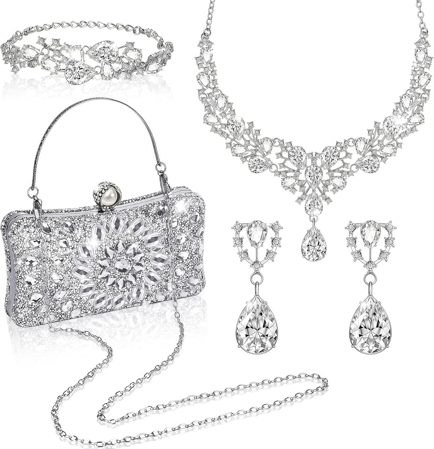4 Pcs Rhinestone Clutch Purse for Women Rhinestone Evening Handbag Necklace Earrings Bracelet Jewelry Sets for Wedding Bridal Bridesmaid Gifts Anniversary Accessories