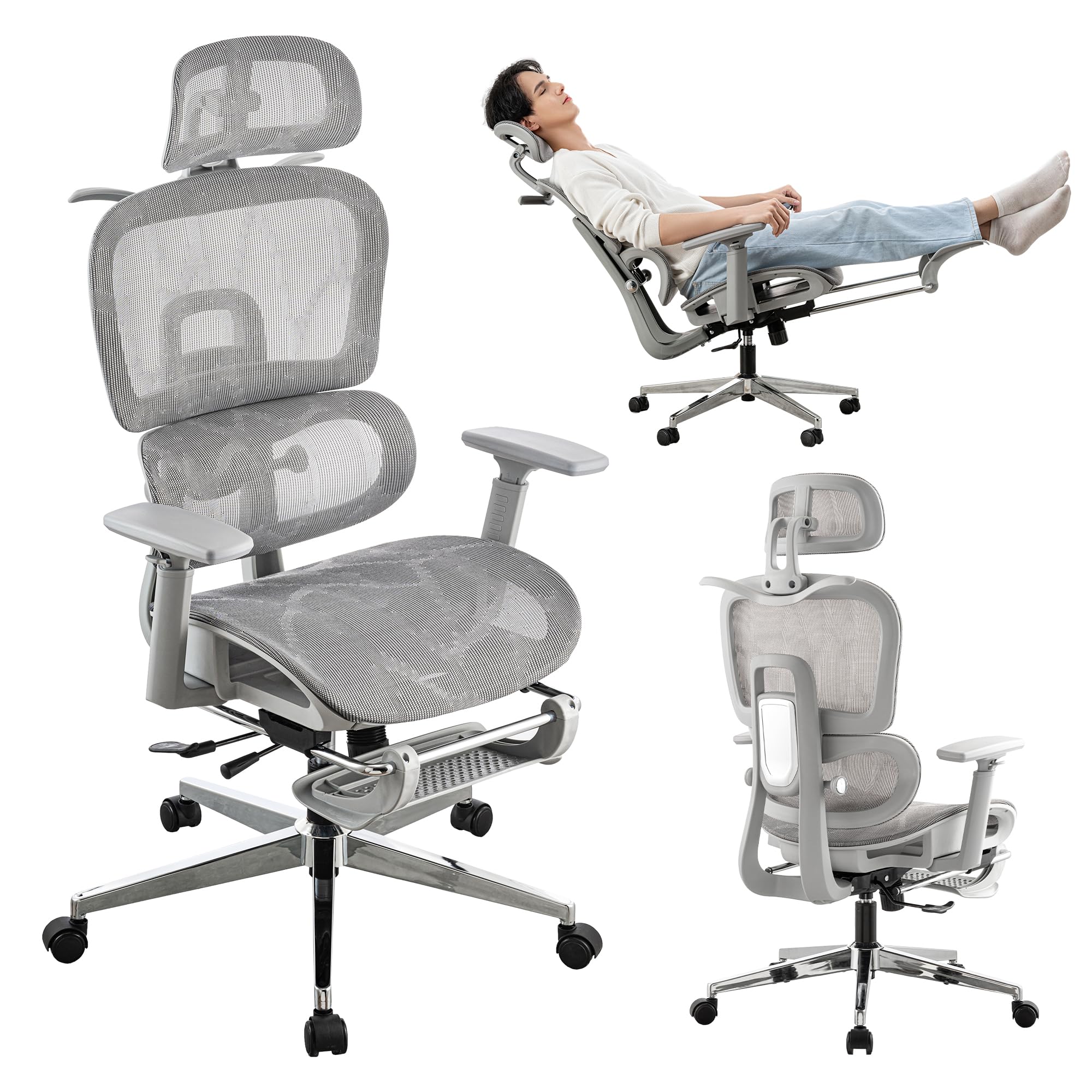 Silla de oficina ergonómica de malla con reposapiés, silla de juegos de malla de respaldo alto con soporte lumbar, soporte de espalda, reposacabezas y reposabrazos ajustables para oficina en casa