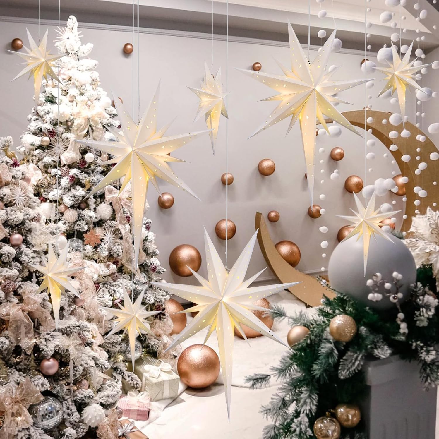 2 Set Lighted Bethlehem Paper Star Lanterns White Christmas Bethlehem Lights Decoration Fold Flat Xmas Star Hanging Lampshade Battery Operated for Holiday Indoor Outdoor Decor(26'')