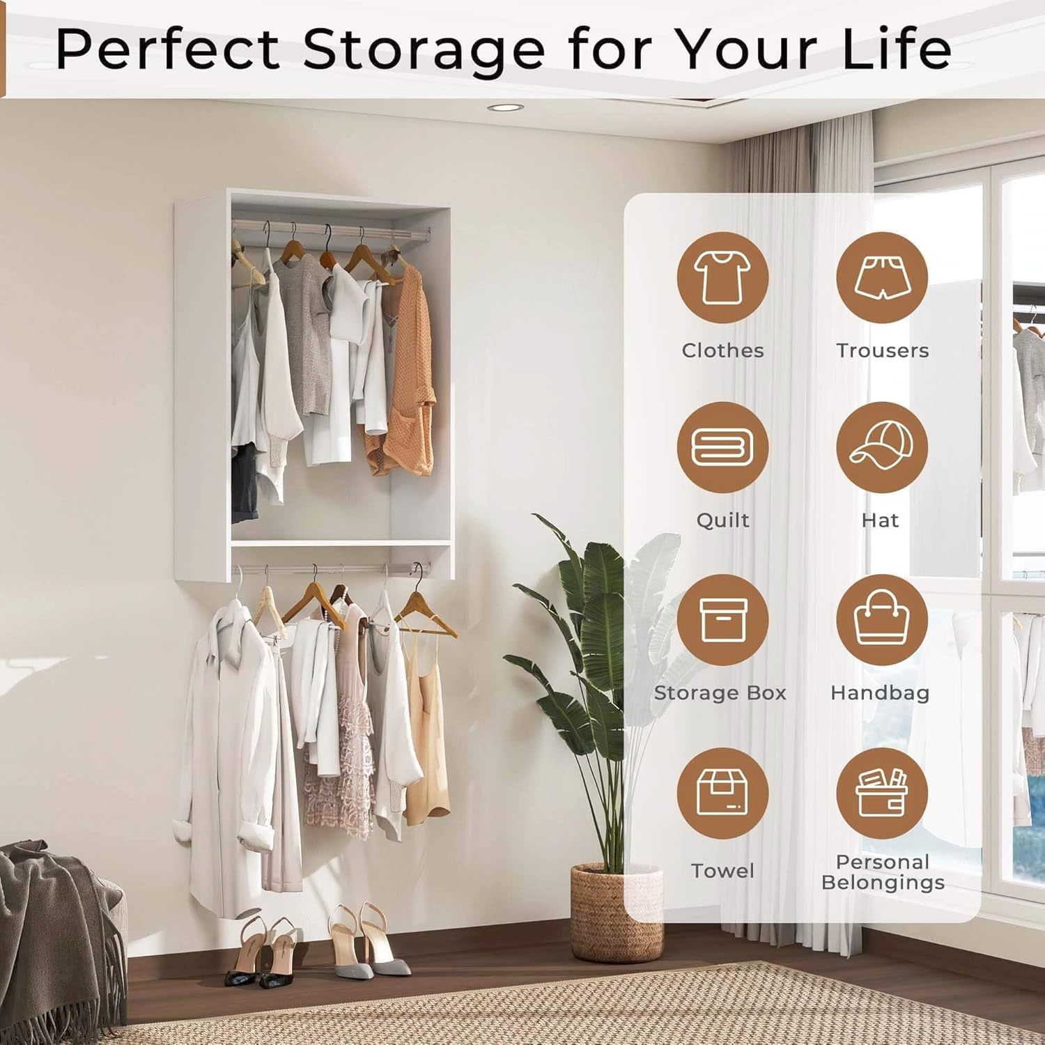 Modular Closet System: Walk-in Closet with 2 Hangingrods for Bedroom Built-in Mounted Storage White 31.5"L x 15.75"W x 47.24"H(B3)