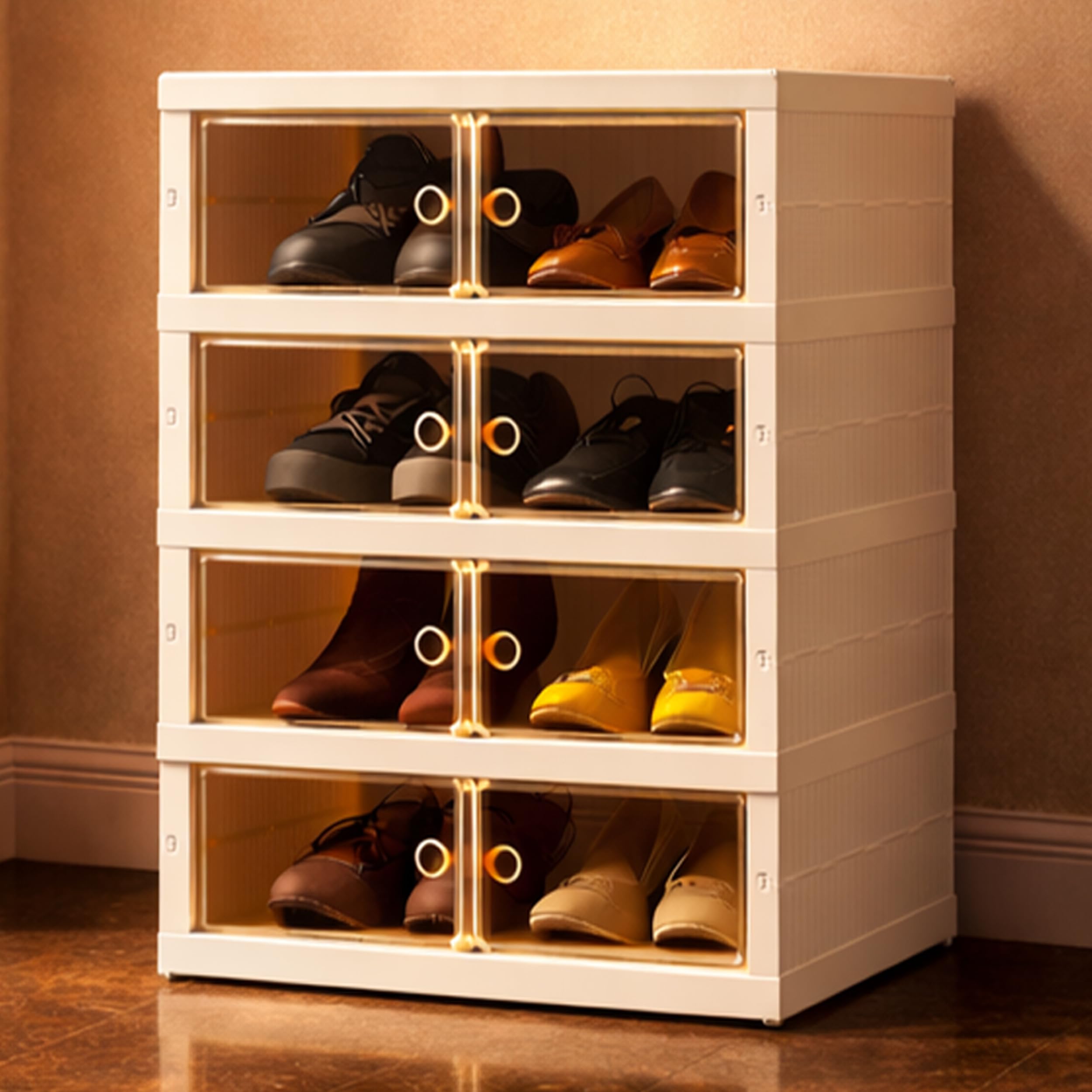 Zemic Multipurpose Modular Plastic Shoe Rack for Home with Door | 𝟒 𝐒𝐡𝐞𝐥𝐟 Stackable Organizer | Waterproof & Dustproof | Space Saving Storage for Home, Bedroom & Entryway【Cream, 4-Door-4-Shelf】