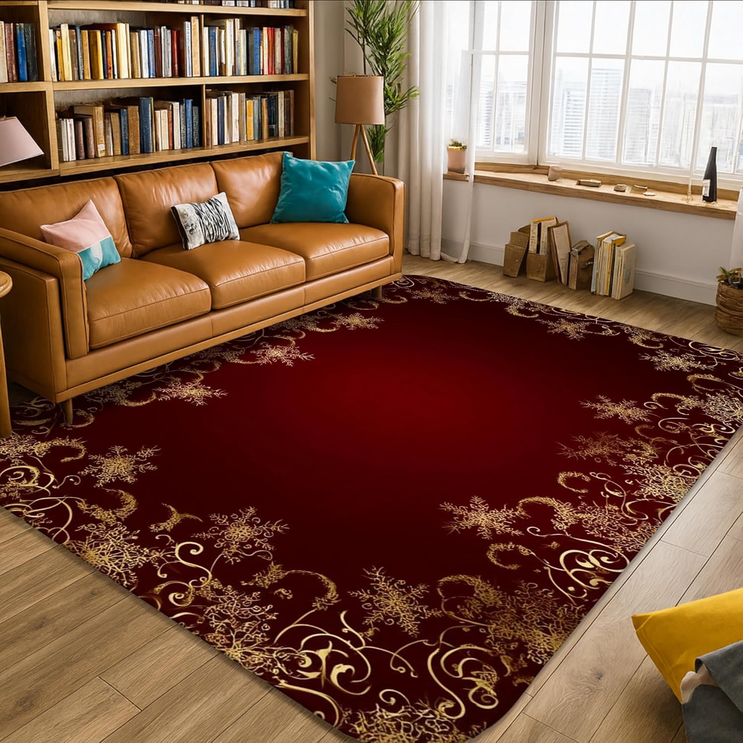 Swirls Area Rug, Elegant Traditional Snowflakes Floral Christmas Burgundy Non-Slip Edge Binding Home Rectangle Carpet Rugs for Living Room Bedroom Hallway Desk Office Decor 5' X 7'