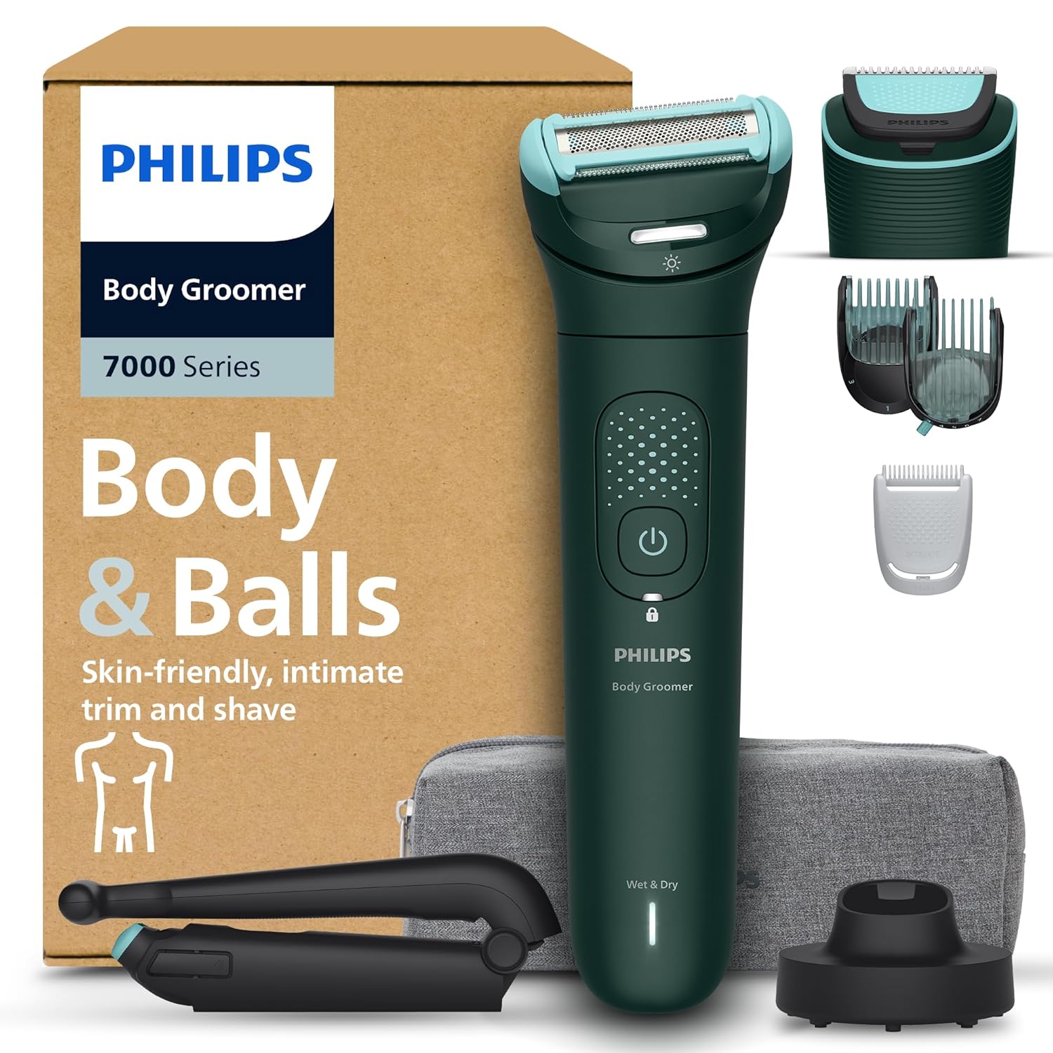 Philips Body Groomer 7000 Series - Trimmer for Men with 2 D Flex Head Triple Protect Shave System Interchangeable Heads Intimate Trim & Shave 100% Showerproof 120 Minutes Runtime Model BG7485/30