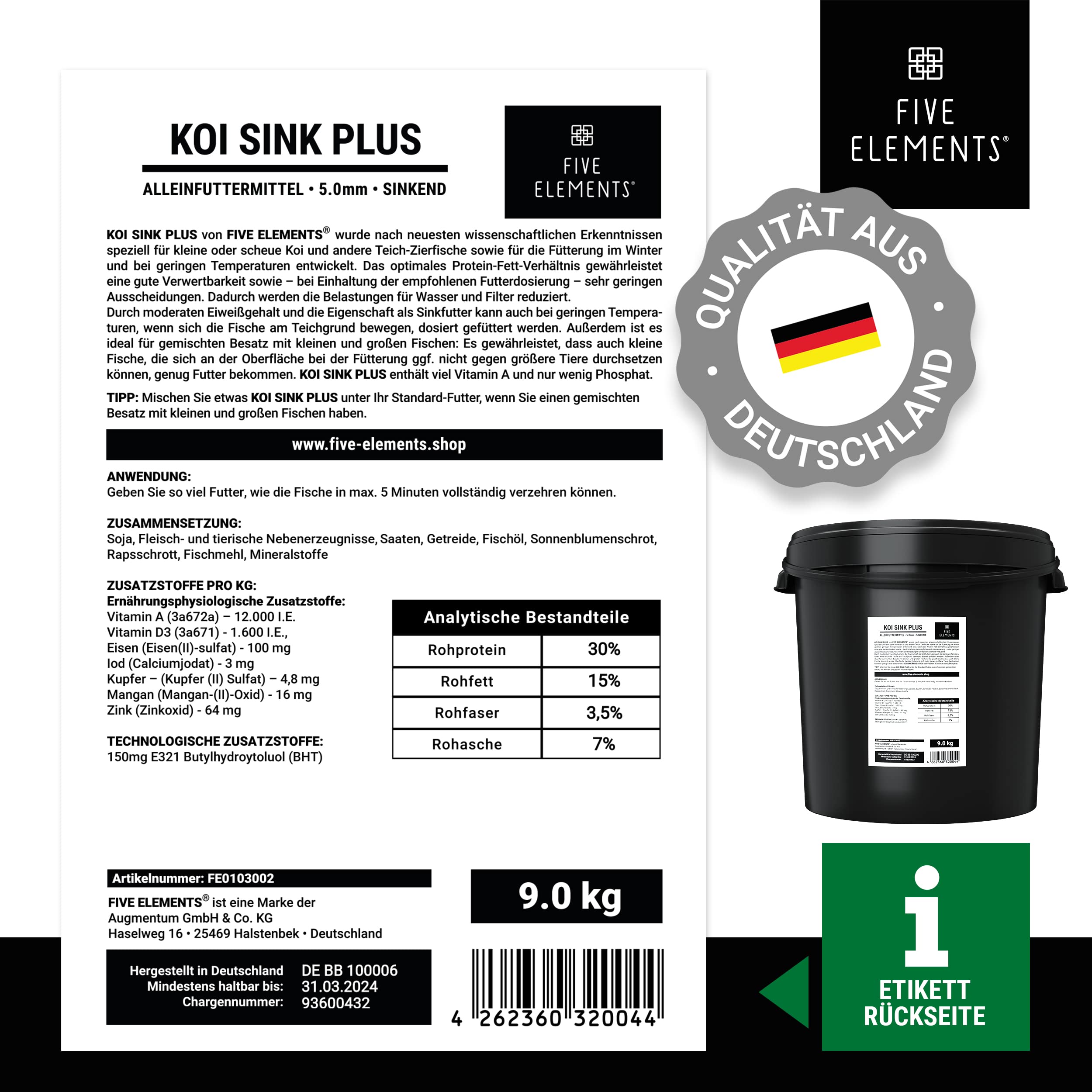 FIVE ELEMENTS® Koi Sink Plus | 9,0 kg | optimal als Frühjahr-Futter | sinkendes Koi-Futter | wiederverwendbarer Eimer