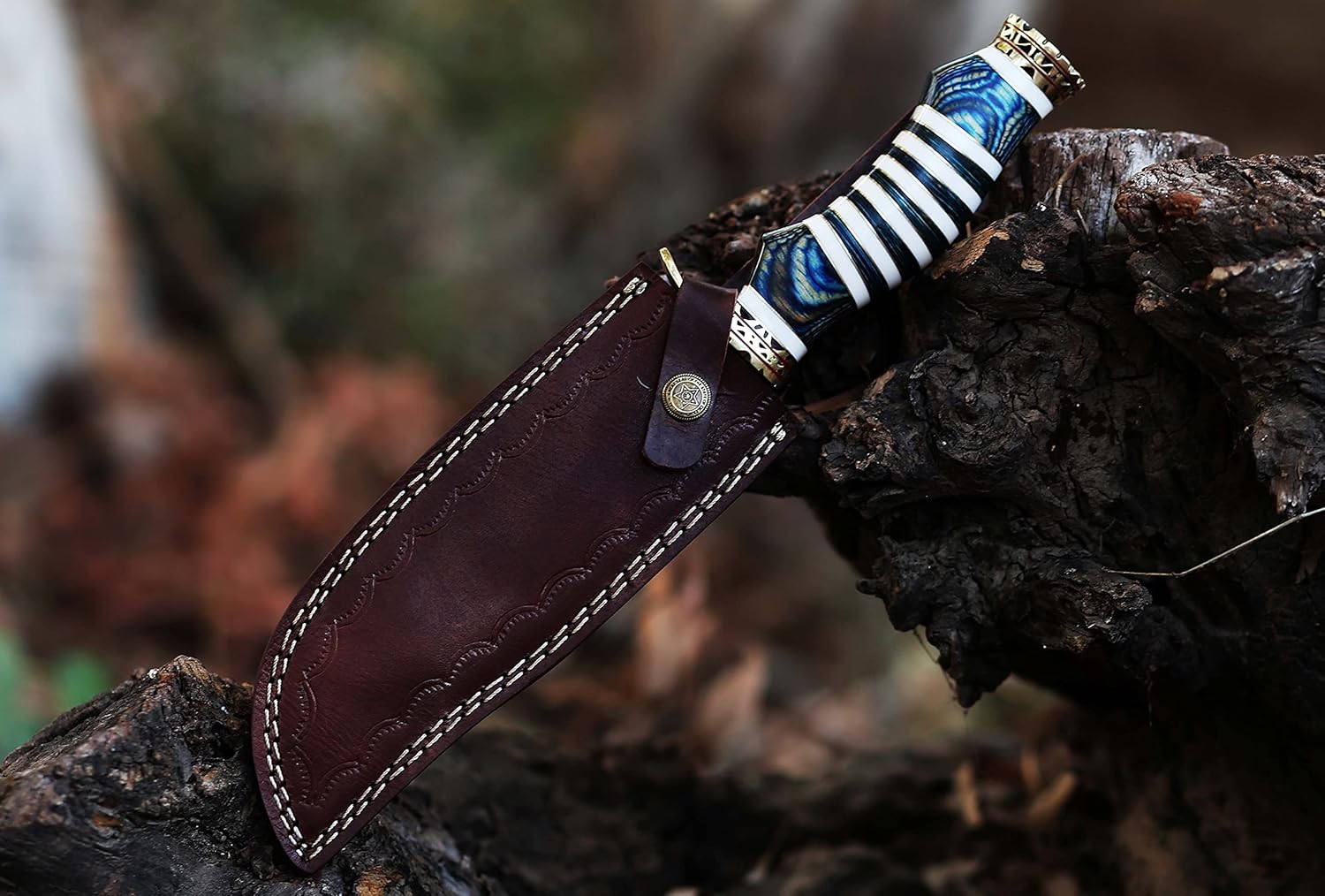 12" Long clip point Damascus Steel blade Hunting Knife, Blue colored wood and Camel bone scale crafted with brass spacer, Engraved Brass finger Guard and Pommel, Leather sheath included