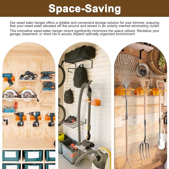 Heavy-Duty Metal Weedeater Rack & Garden Tool Hanger Set, Easy to Install & Durable, Weed Eater Hanger for Wall and Garden Tools, Space-Saving Storage for Garage, Shed