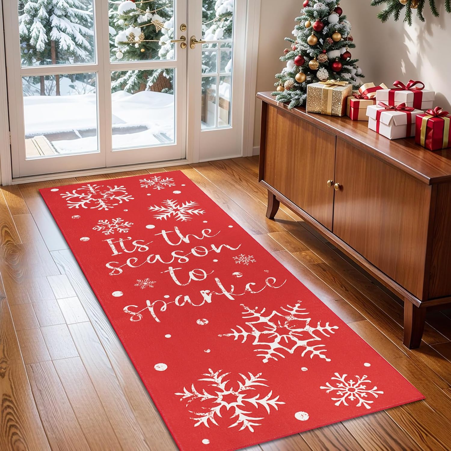 Homcomodar Alfombra de Pasillo Navidad 65x180cm Alfombras Pasillo Modernas Larga Alfombra Cocina Lavable Antideslizante Alfombra de Cocina Entrada Dormitorio Lavandería Rojo