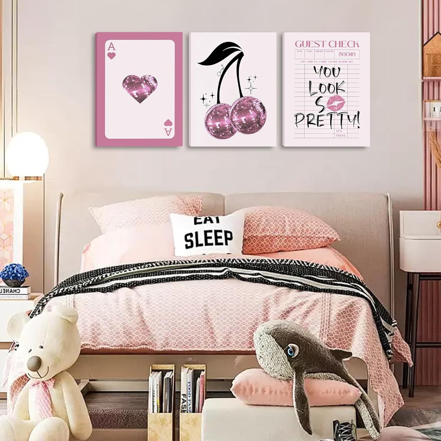 3Pcs Framed Trendy Disco Ball Cherries Wall Art Retro Guest Check Wall Decor Pictures Pink Preppy Poker Canvas Posters Prints for Girls Bedro Home Decoration 12x16in