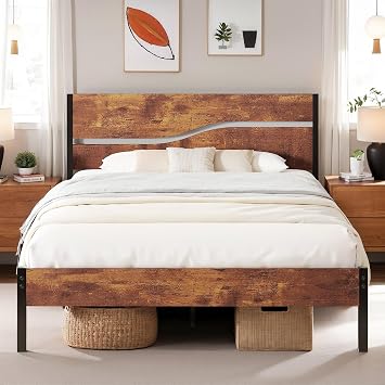 VECELO Full Size Bed Frame with Wood Headboard, Heavy Duty Metal Slats Support, No Box Spring Needed, Noise-Free, Brown