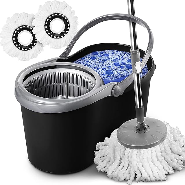 ZENQA Spin Mop and Bucket Set | 360° Spin Mop for Cleaning Floors | Stainless Steel Handle Extendable | Mop Bucket with 2 Super Absorbent Microfibre Mop Head Wet and Dry