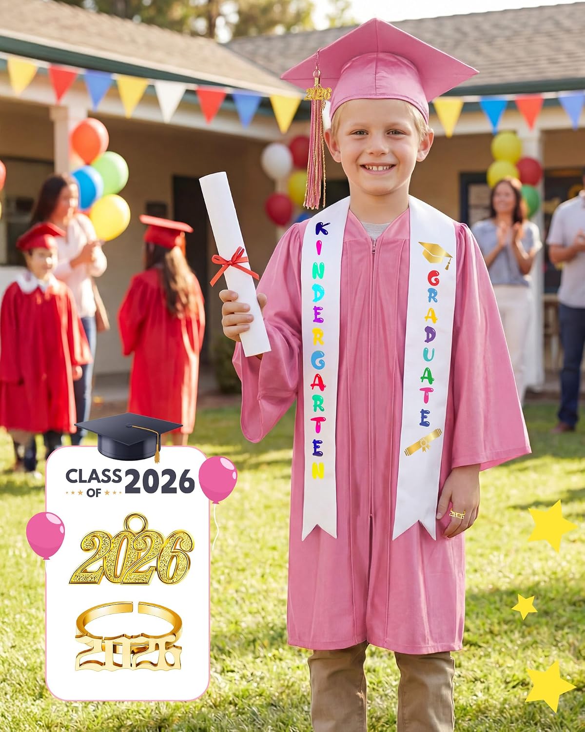 Sasylvia 9 Pcs Kindergarten Preschool Graduation Gown Cap Set with 2026 2027 Tassel Kids Graduation Stole Rings Certificate