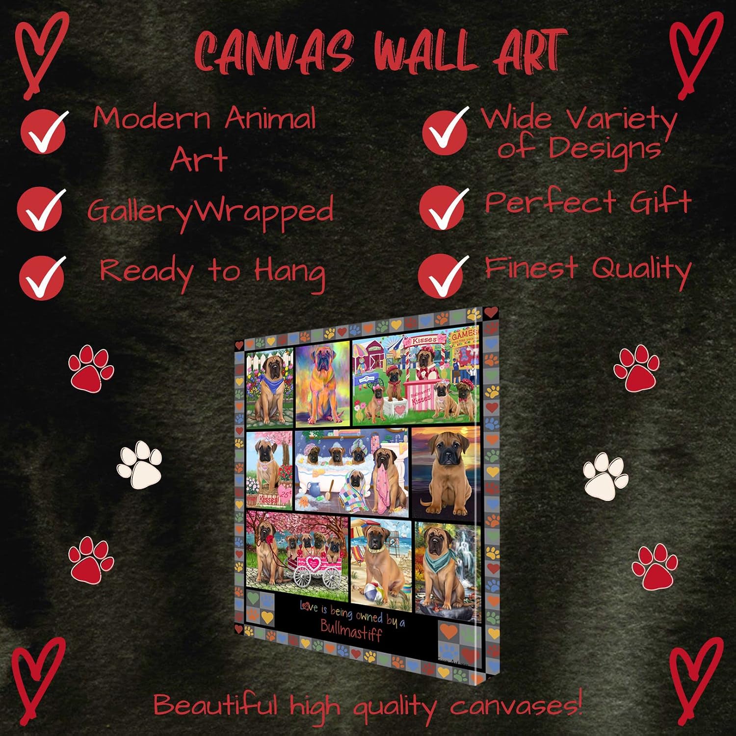 Love is Being Owned Bullmastiff Dog Grey Canvas Wall Art - Premium Quality Ready to Hang Room Decor Wall Art Canvas - Unique Animal Printed Digital Painting for Decoration, 11"x14"